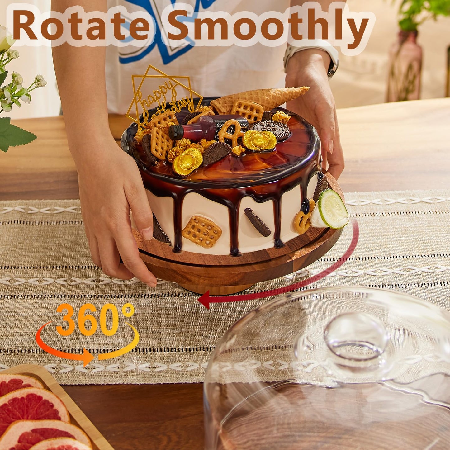 Yangbaga Glass Cake Stand with Lid,11in Wooden Rotating Cake Stand with Dome Cover, Cake Plate Display Server Tray for Birthday Kitchen Party