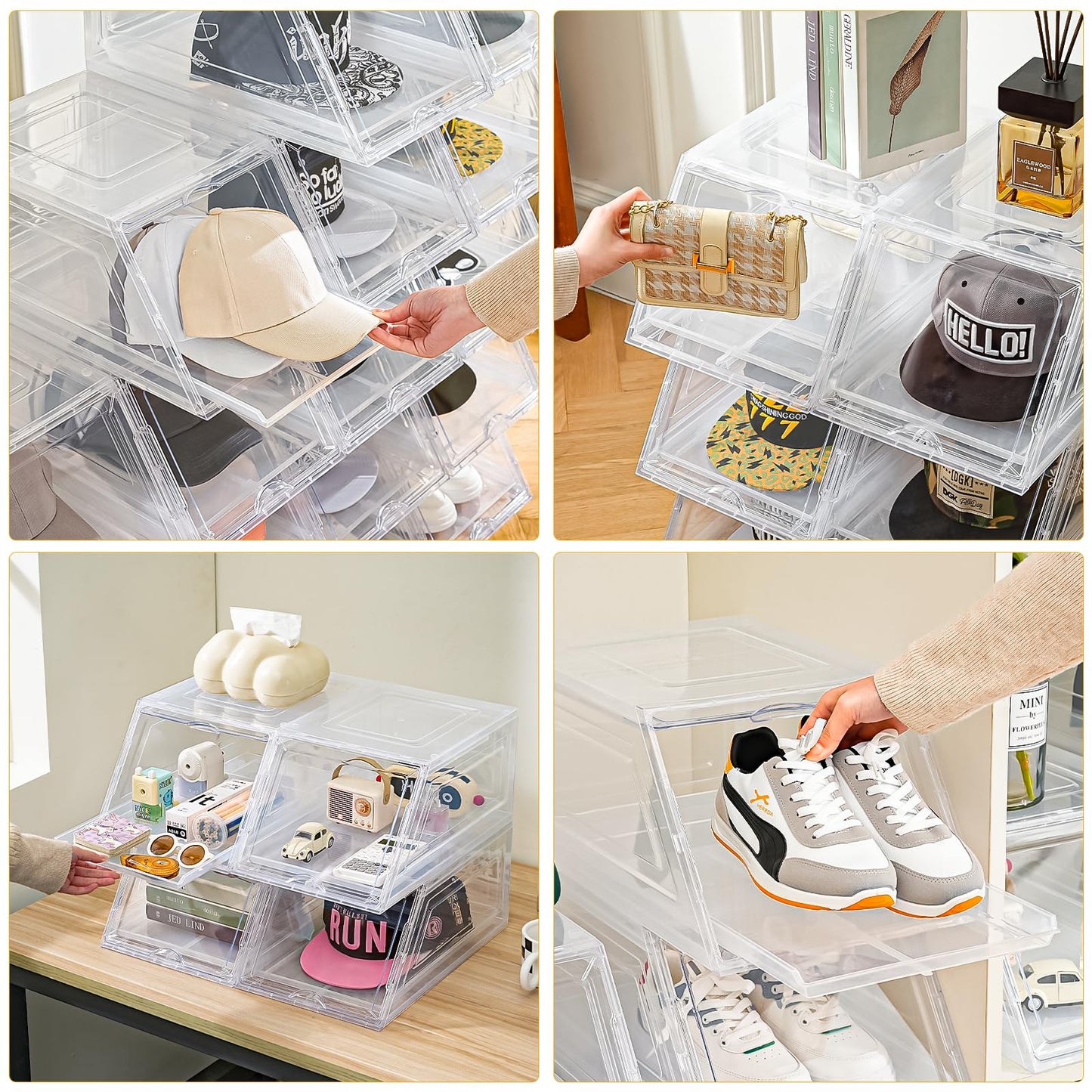 Amllas 2 Pack Stackable Hat Organizer for Baseball Caps, Large Clear Hat Holder with Sliding Drawer, Hat Storage Box with Door, Baseball Cap Organizer