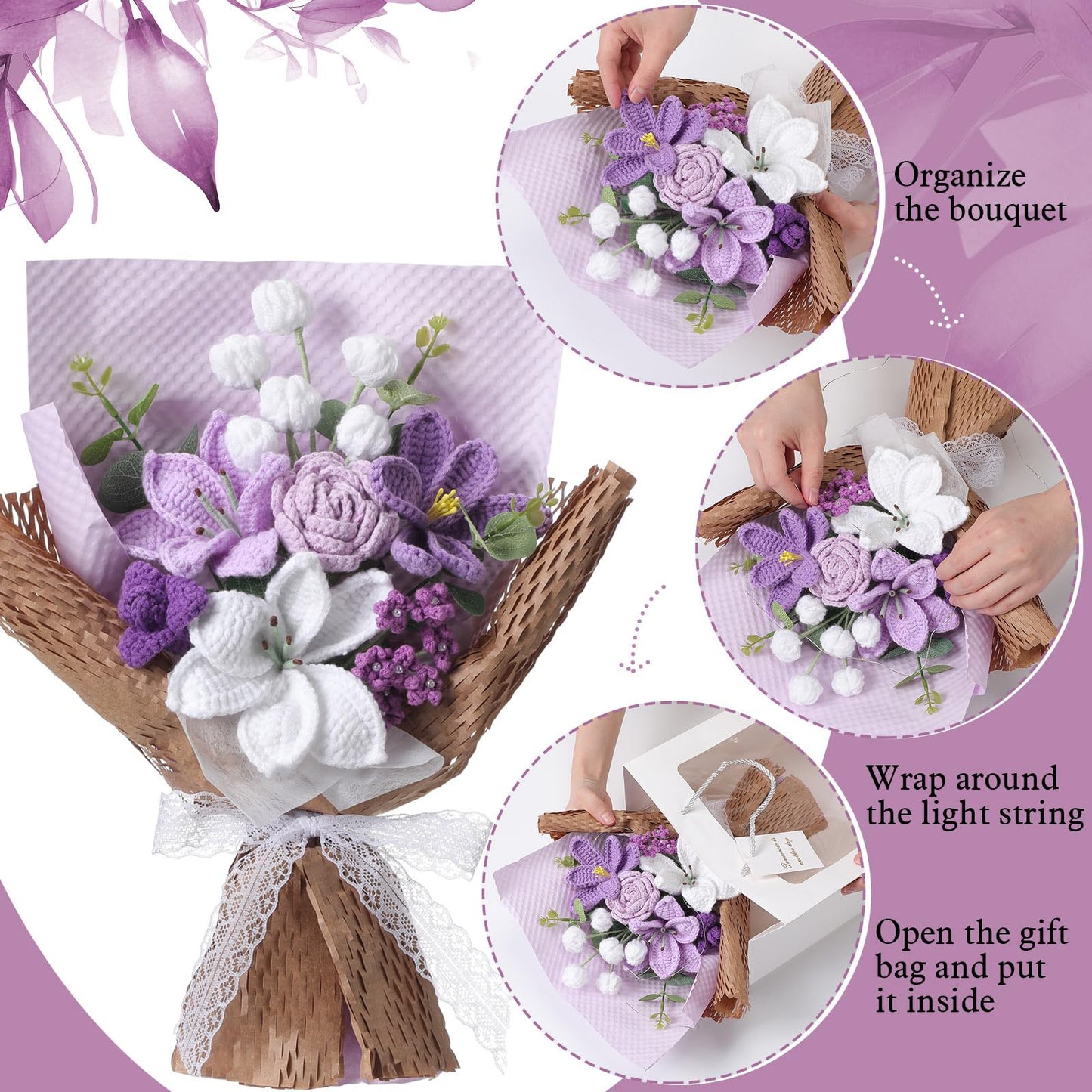 Juinte Graduation Crochet Flower Bouquet Gift Completed Handmade Knitted Bouquet with Lily Tulips Rose for Graduation Birthday Wedding Summer Home Women(Purple)