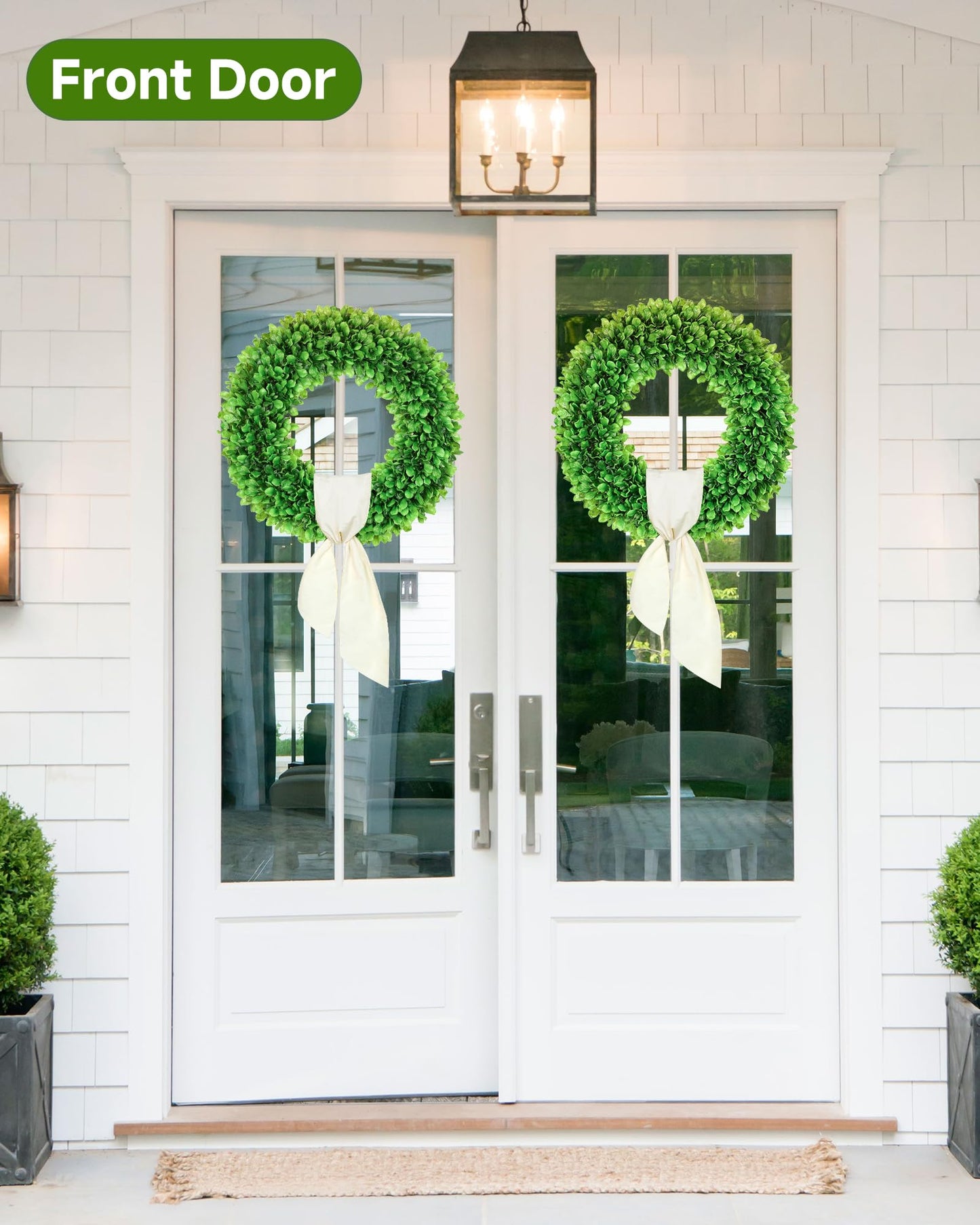 DDHS 23 Inch Large Boxwood Wreath for Front Door, Round Artificial Spring Summer Greenery Wreath with Hello Sign & Sash, Green Wreaths for Farmhouse Wedding Year Round Indoor Outdoor Home Decor
