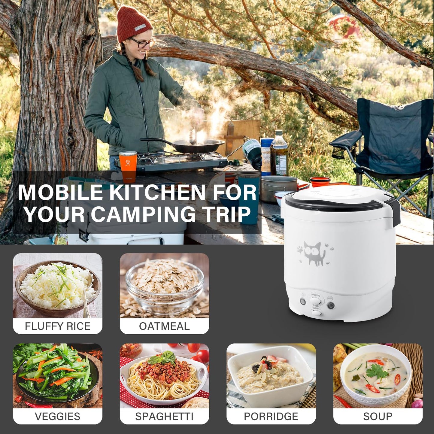 OSBA Mini Rice Cooker, 1L Small Rice Cooker 2 Cup-uncooked Travel Rice Maker 12V for Car with Steamer, Auto Keep Warm Suitable For 1-2 People, White