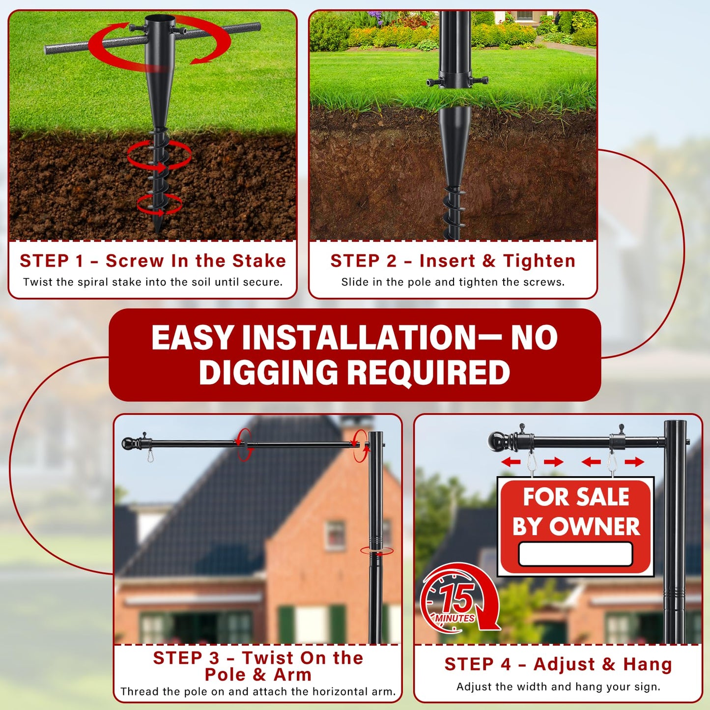 Real Estate Sign Post For Outside - Heavy Duty Metal Yard Sign Stand Pole with Anti-Tip Anchor,7ft Adjustable,Wind-Responsive Clips, Fits 18"X24" To 26" Frame For Sale,Address,Open House-Black