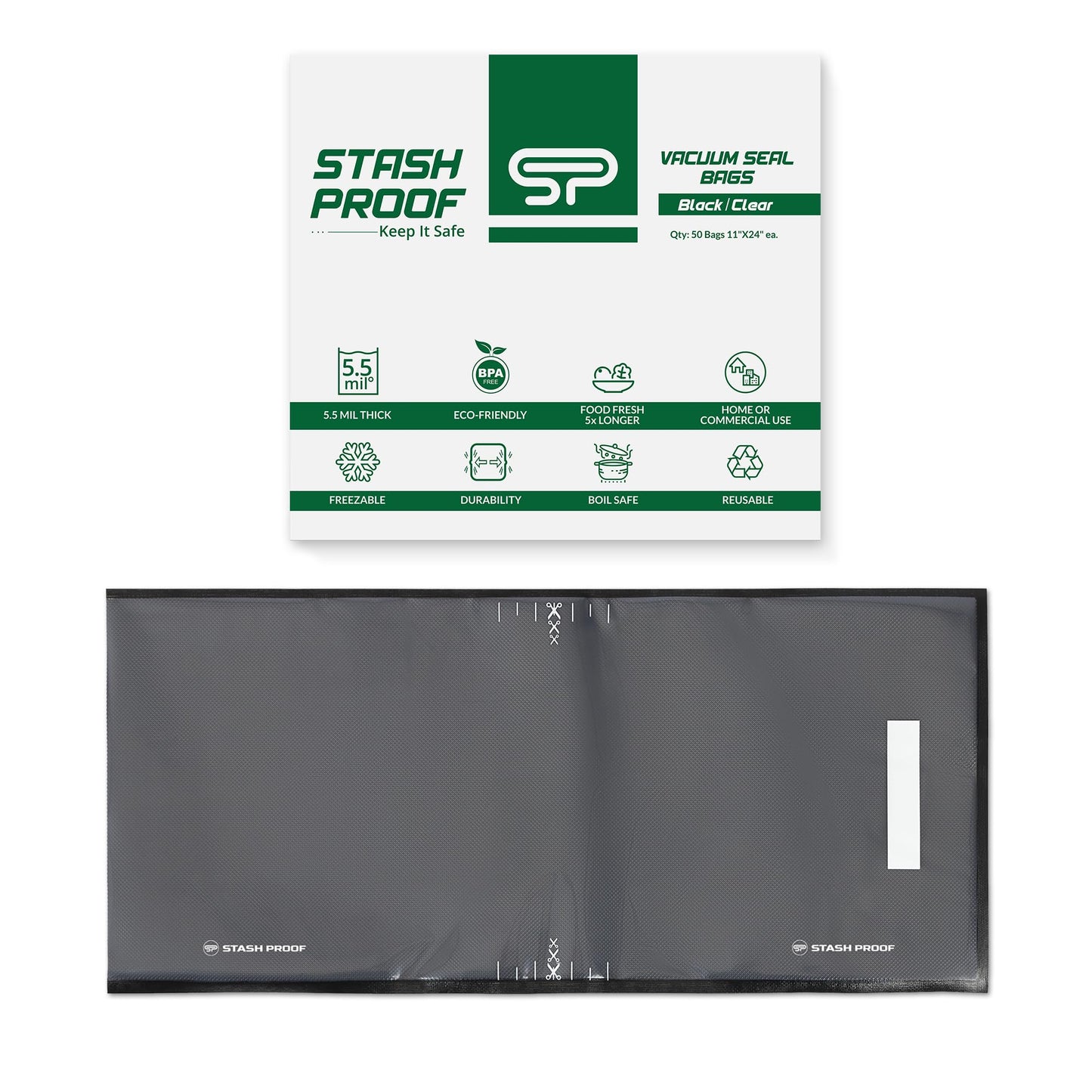 Stash Proof Vacuum Seal Bags 11" x 24" (50 Count) 5.5 Mil, Black and Clear- BPA Free Commerical Grade Food Saver for Storage, Sous Vide, and Meal Prep Sealer Bag