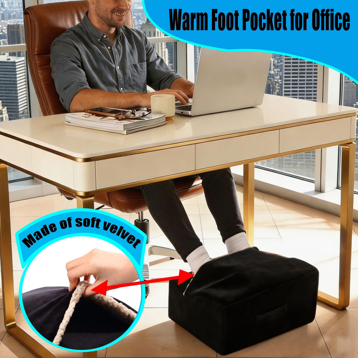 COMFelicify Foot Rest for Under Desk at Work, Office Footrest with Warm Feet Pocket,Ergonomic Under Desk Footrest with Washable Cover, Stool for Office Chair & Back &Pain Relief (Black+)