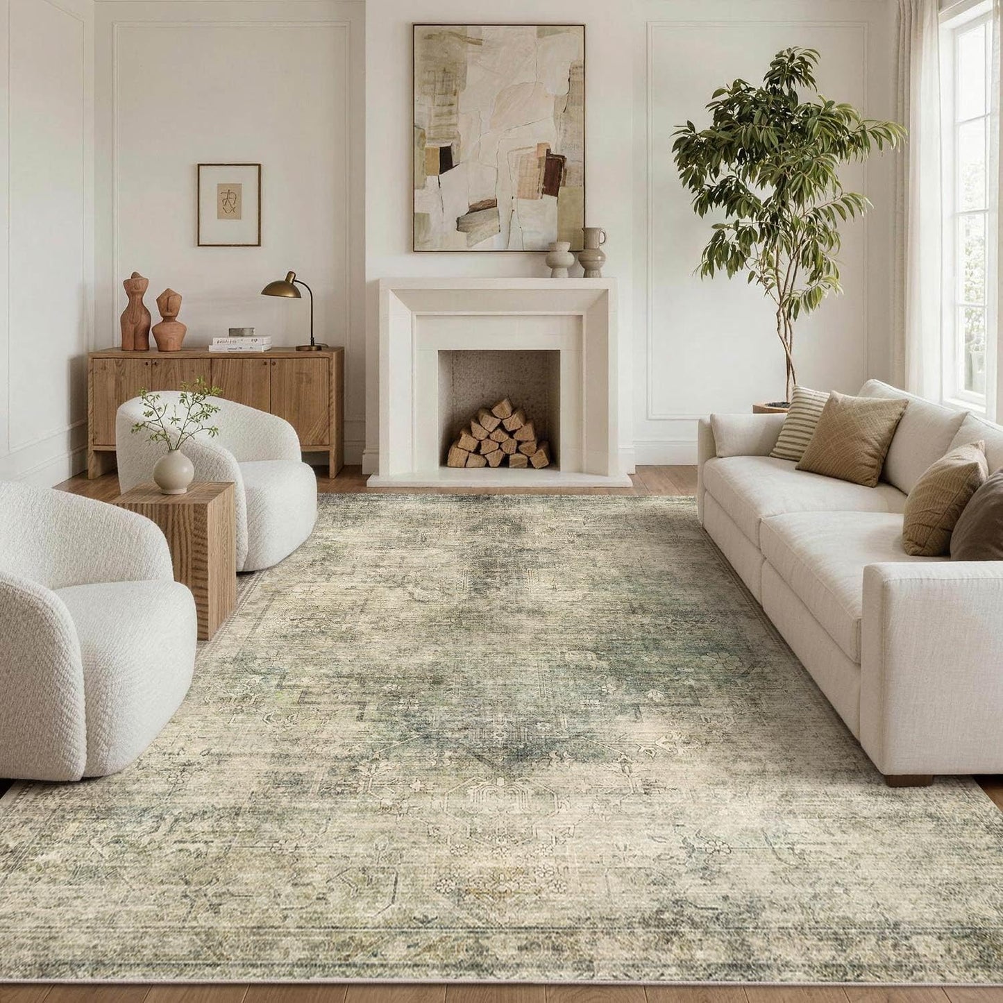 OHWPEAT Green Area Rugs for Living Room, 6x9 Washable Rugs for Bedroom, Dining Room, Kitchen, Boho Indoor Soft Large Rug for Classroom, Playroom, Non Slip Low Pile Distressed Carpets for Dorm Office