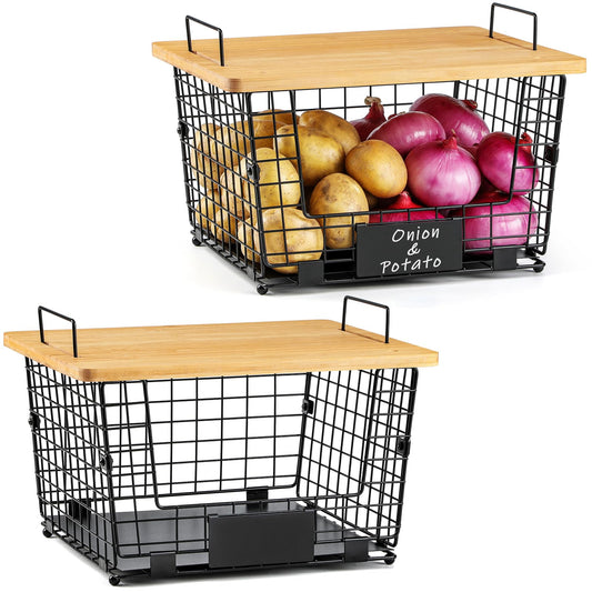 2 Set XXL Stackable Wire Basket with Bamboo Tops & Tag- Pantry Organizer and Storage Bins, Kitchen Counter Cabinet Shelf Countertop Under Sink Organizing, Food Snack Produce Onion Potato Bread Storage