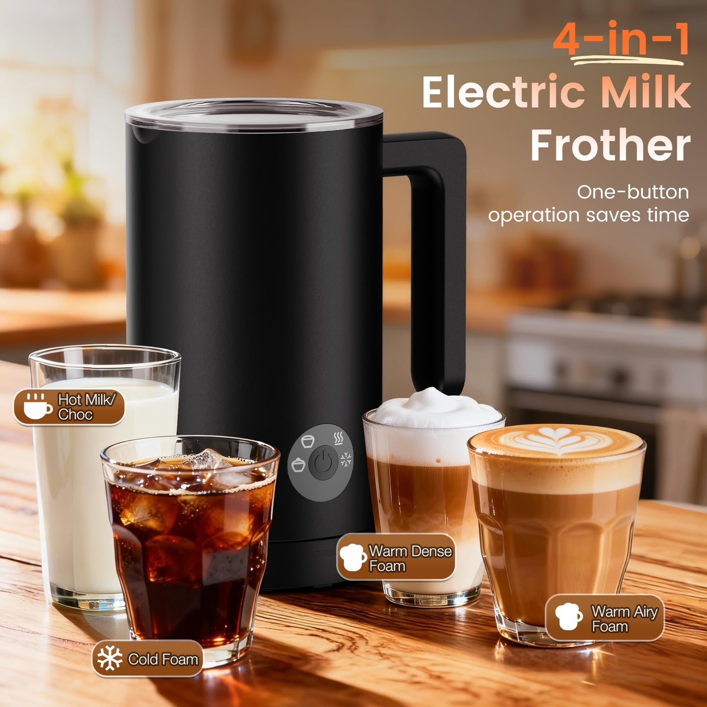 Kourice 4-in-1 Electric Milk Frother & Steamer – Automatic Frother Machine, Barista-Style Hot & Cold Foam for Lattes, Cappuccinos, Iced Coffee, Quiet, One-Touch, Easy to Clean