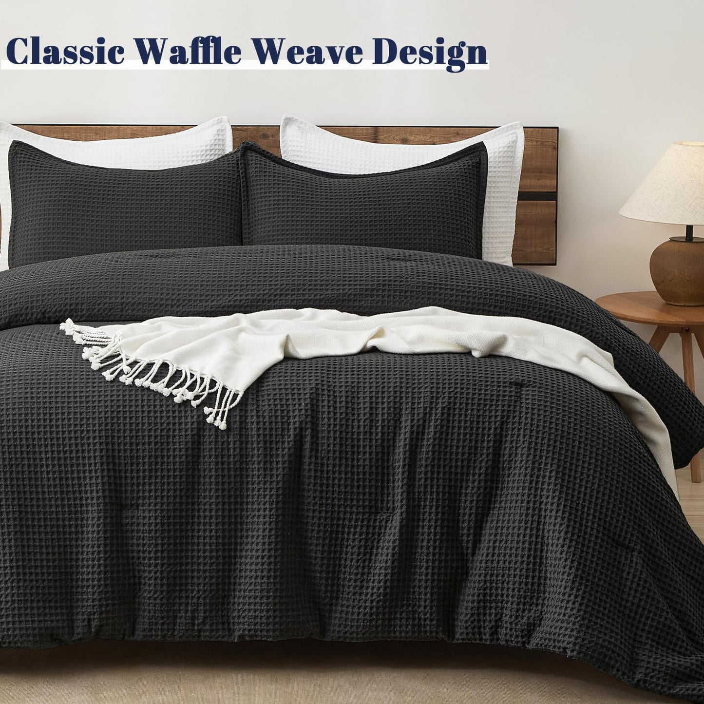 PHF Ultra Soft Waffle Weave Comforter Set Queen Size, 3 Pieces Lightweight Breathable Comfy Bedding Set, Comfy Textured 1 Comforter with 2 Pillow Shams, Black