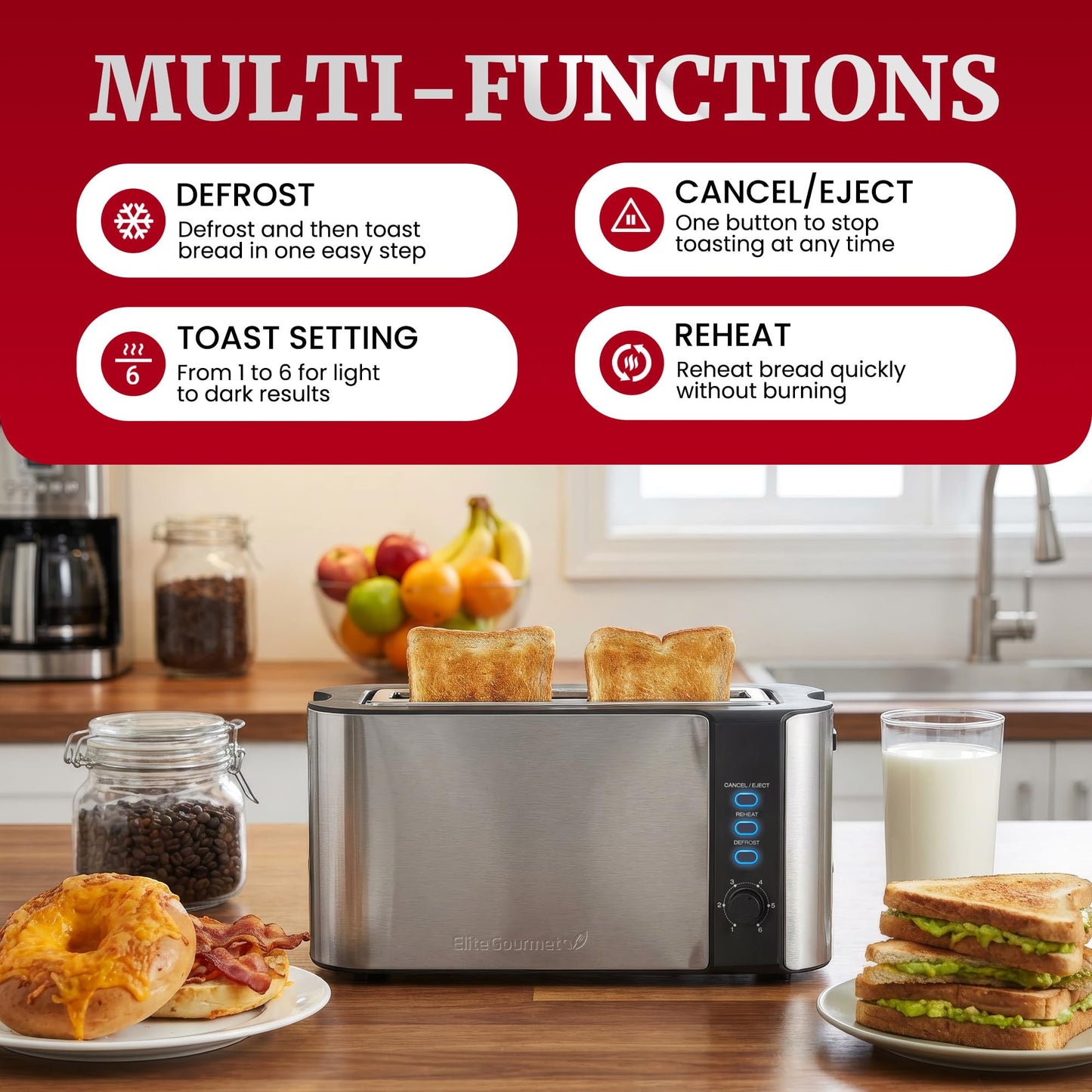 Elite Gourmet ECT3200 2-Slice, 1 Long Slot, Slim Toaster, Reheat, 6 Toast Settings, Defrost, Cancel Functions, Built-in Warming Rack, Extra Wide Slots for Bagels Waffles, Stainless Steel & Black