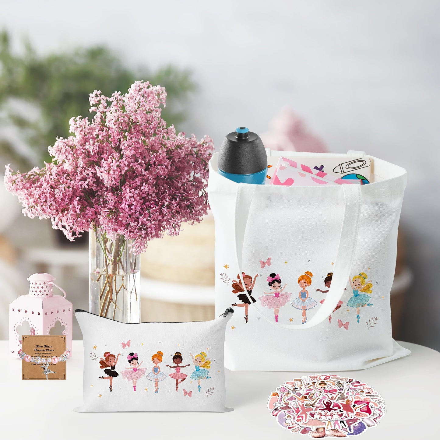 Y1tvei Cute Ballerina Girl Recital Gifts - 64Pcs Ballet Dancing Girl Canvas Tote Bag Makeup Pouch Dance Stickers Sparkly Pink Ballerina Bracelet with Card Ballet Grocery Shopping Bags Stuff for Dancer