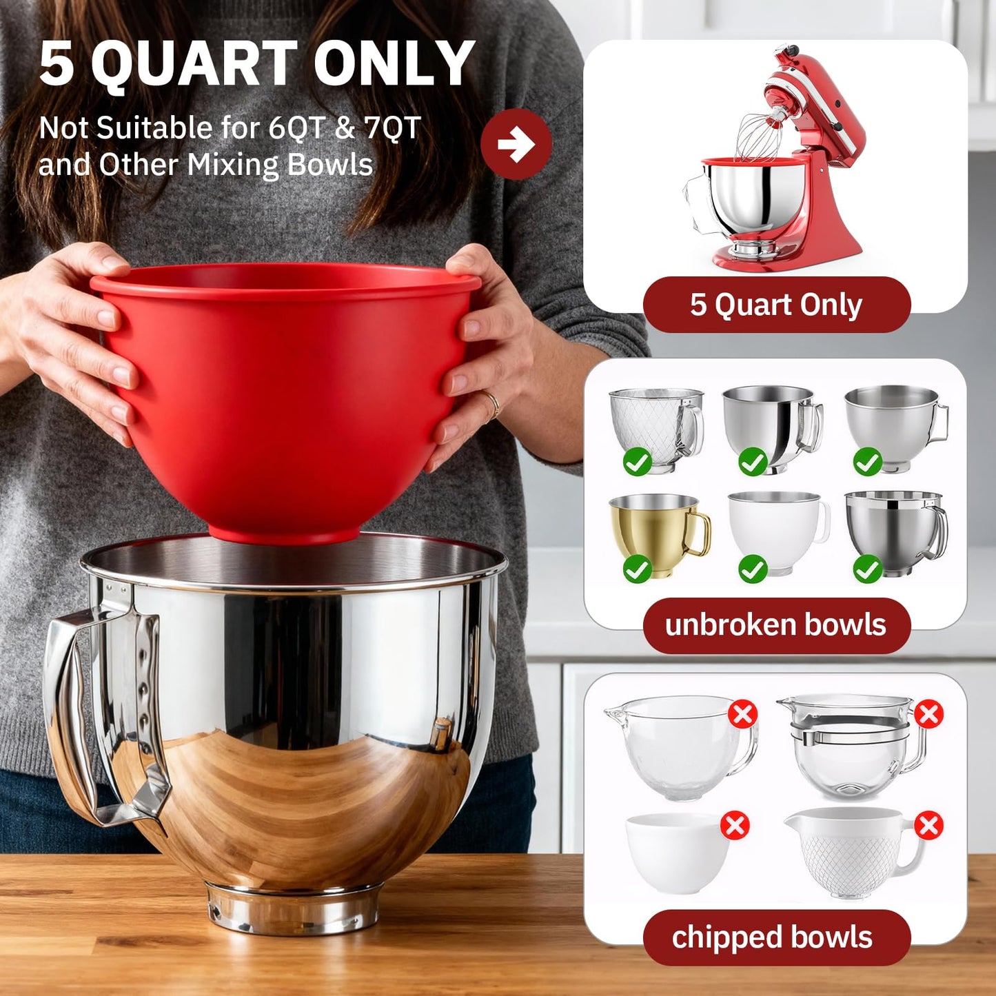 5QT Silicone Liners Compatible with KitchenAid 5QT Stand Mixers Liner Replacement for Kitchen Aid Mixer Attachments & Accessories, 3-Pack Liners with 3 Lids