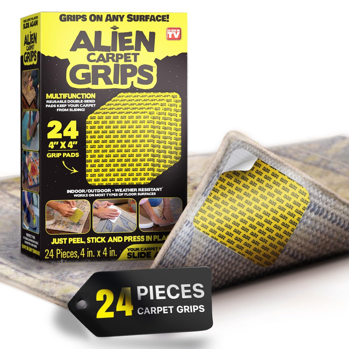 Alien Grip Rug Gripper Carpet Tape - 24pcs, 4x4 in. Anti-Slip Hardwood, Tile Floor, No Damage - Double Sided Reusable, Non Slip Corner Rug Pads - As Seen on TV
