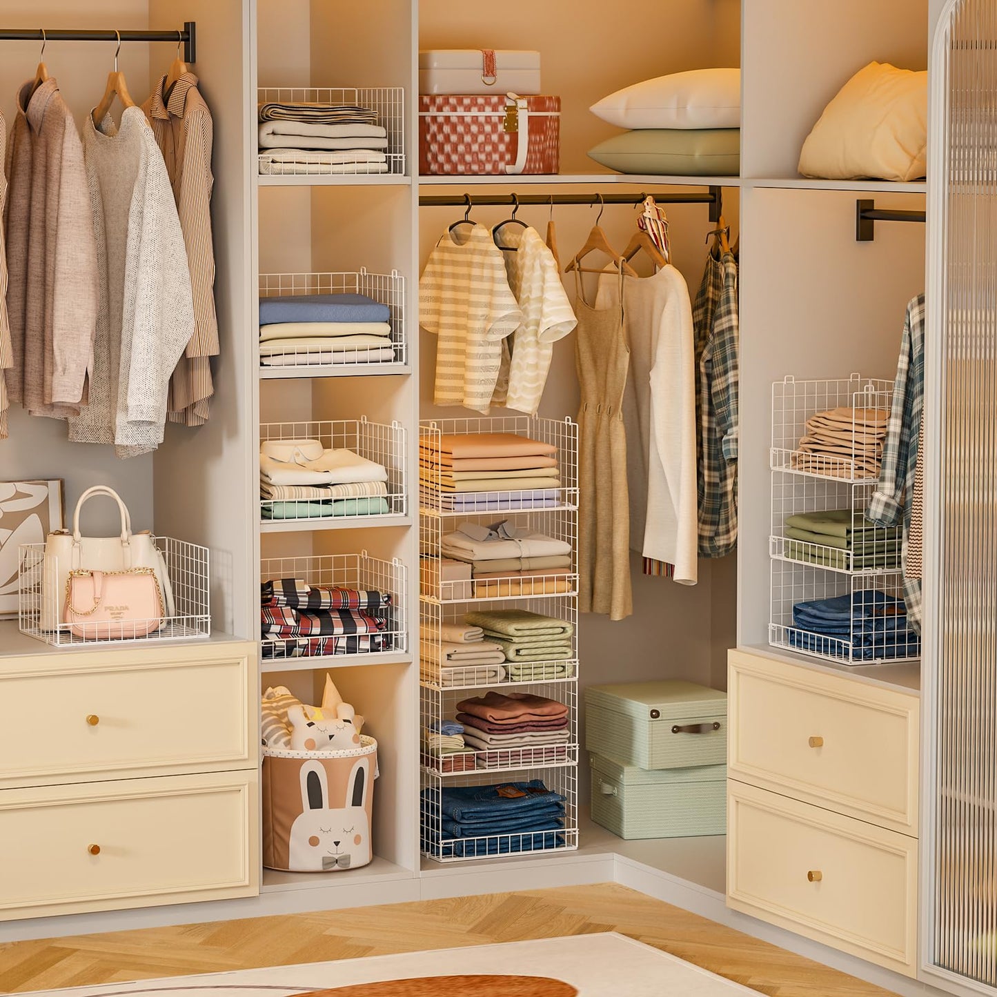 Yociyoga 5-Tier Stackable Closet Organizers and Storage Basket - Foldable Closet Shelf Organizer System, Space-Saving Clothes Storage Bins Drawer Organizer for Wardrobe, White (Patent 30022416)