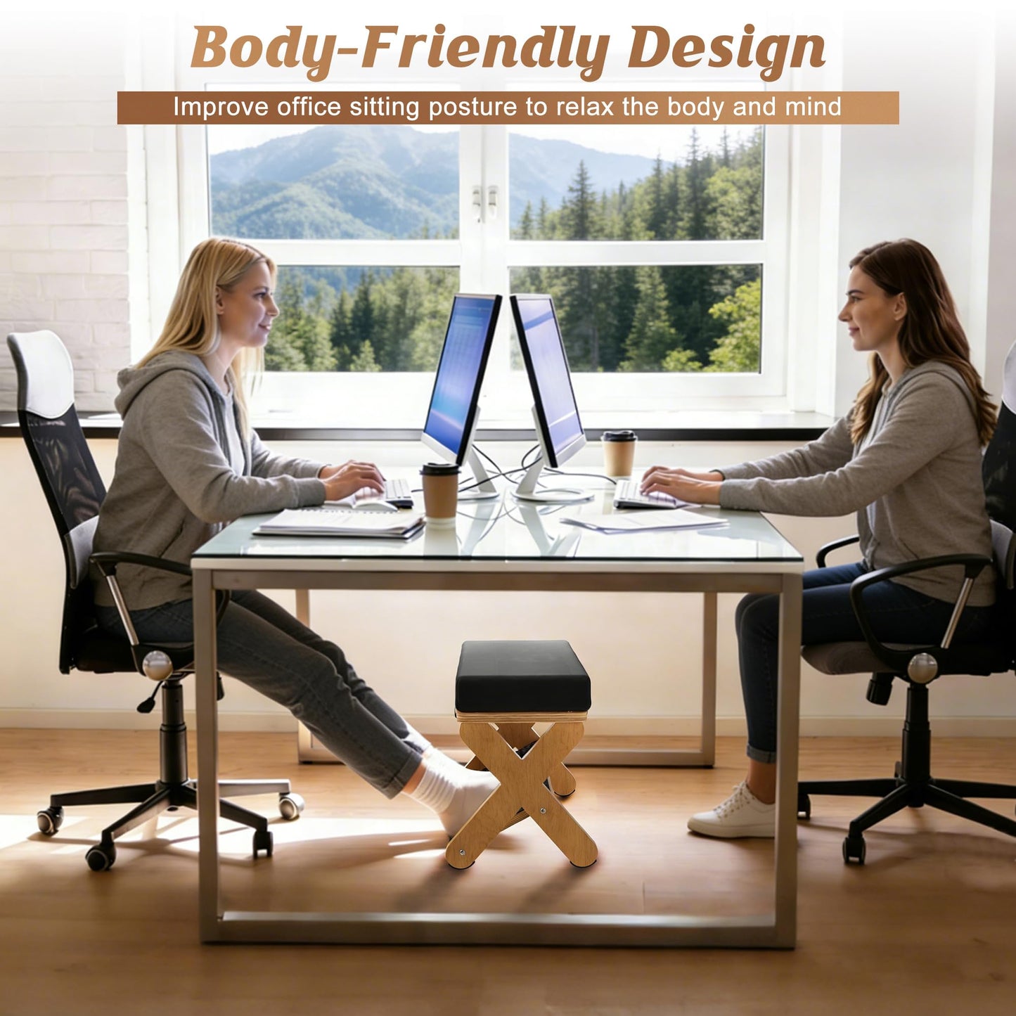 WWMFS Wood X-Legs Foot Stool Ottoman, Multi-Purpose Small Ottoman with Pebble Massage Surface and Non-Slip Foot Pads，Sturdy Solid Wood Frame Padded Seat Footrest for Office，Living Room & Bedroom