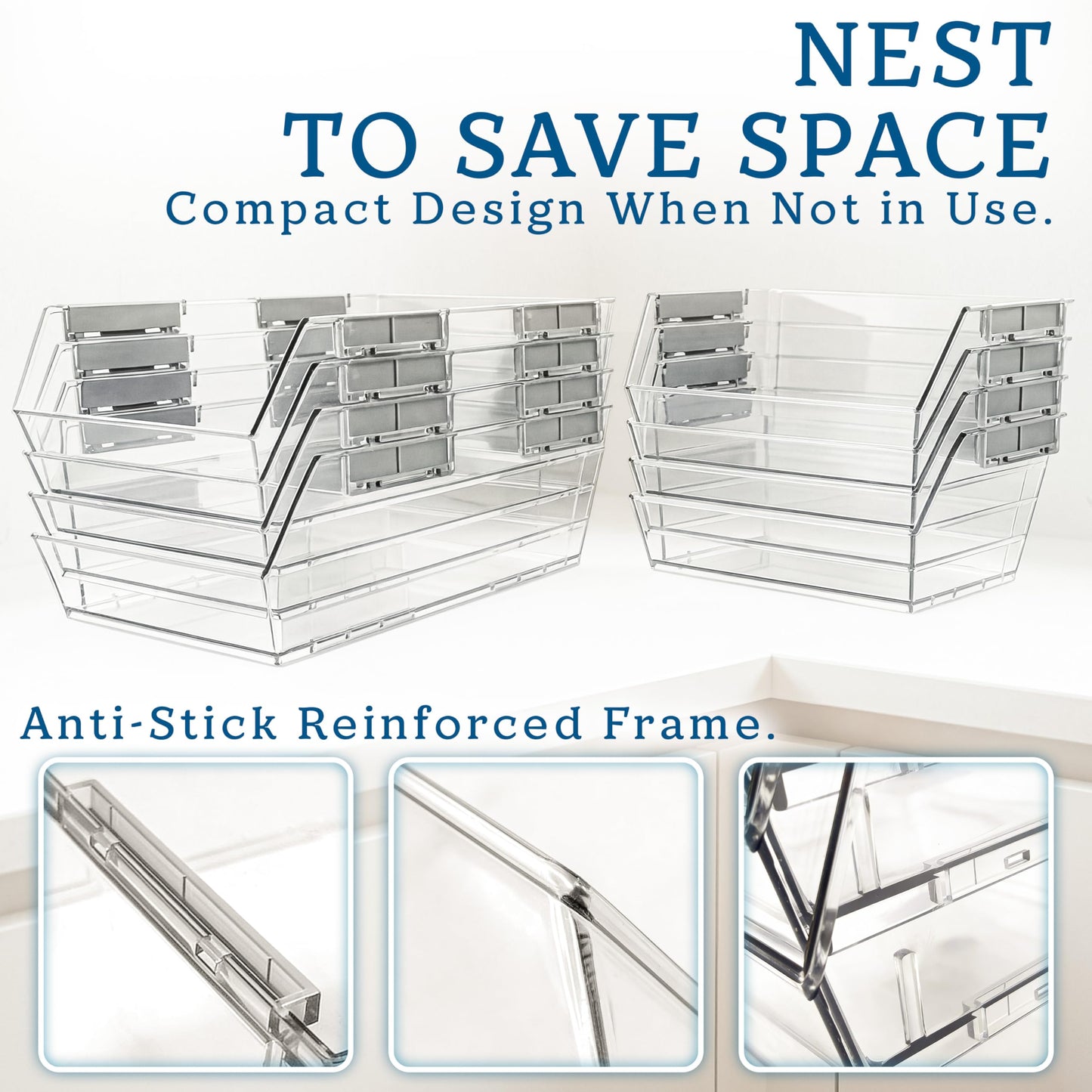HOMESTEAD Set of 4 Stackable Storage Bins, 2 Large + 2 Small Clear Plastic Organizer Bins, Open Front Design for Kitchen Pantry, Fridge, Cabinet, Bathroom Organization and Snack Storage