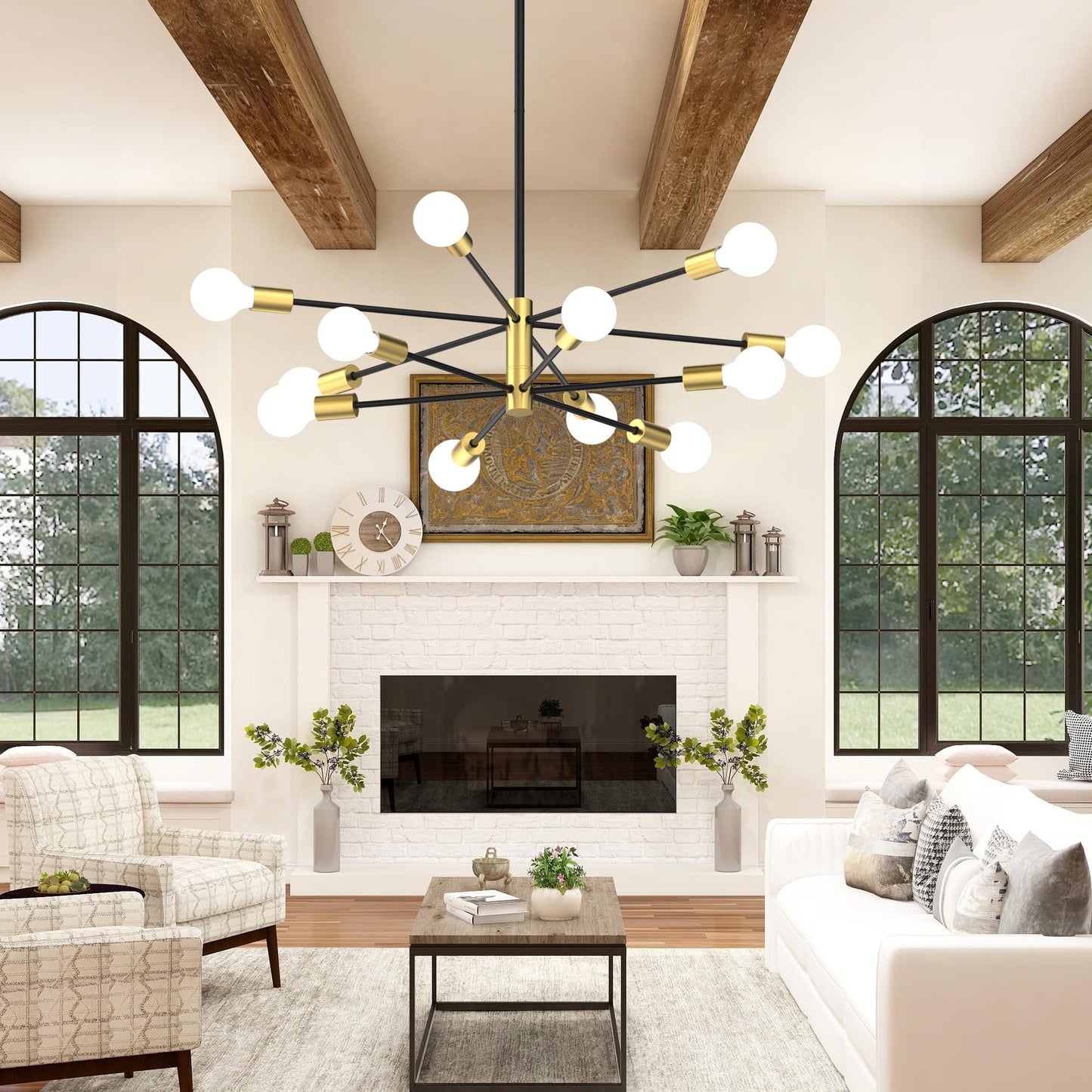 Phaosio Sputnik Chandelier 12-Light, Mid Century Modern Height Adjustable Ceiling Light Fixture for Dining Room, Kitchen Island, Living Room,Bedroom-Black and Gold
