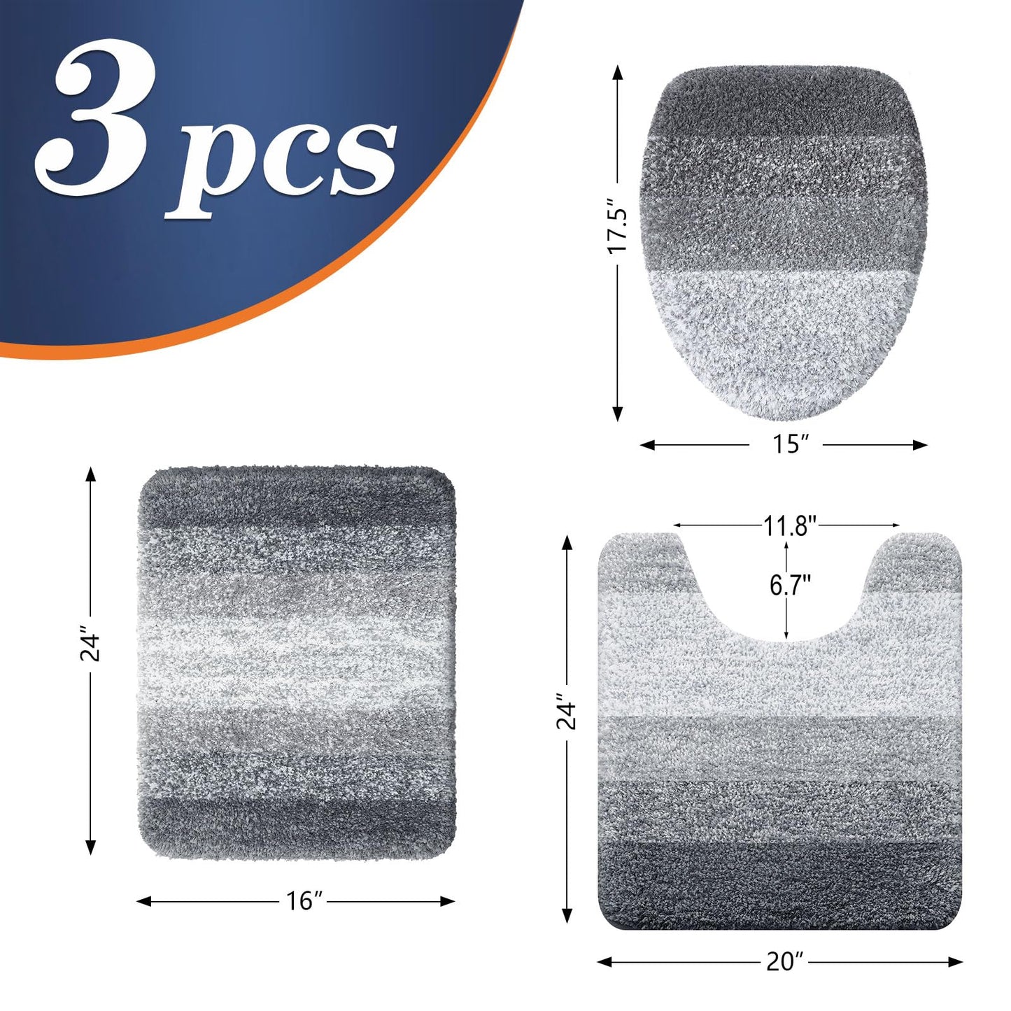 OLANLY Bathroom Rugs Sets 3 piece, Soft Microfiber Absorbent Bath Mat, U-Shaped Contour Toilet Mat and Toilet Lid Cover, Quick Dry, Machine Washable, Toilet Cover and Rug Set for Bathroom, Grey