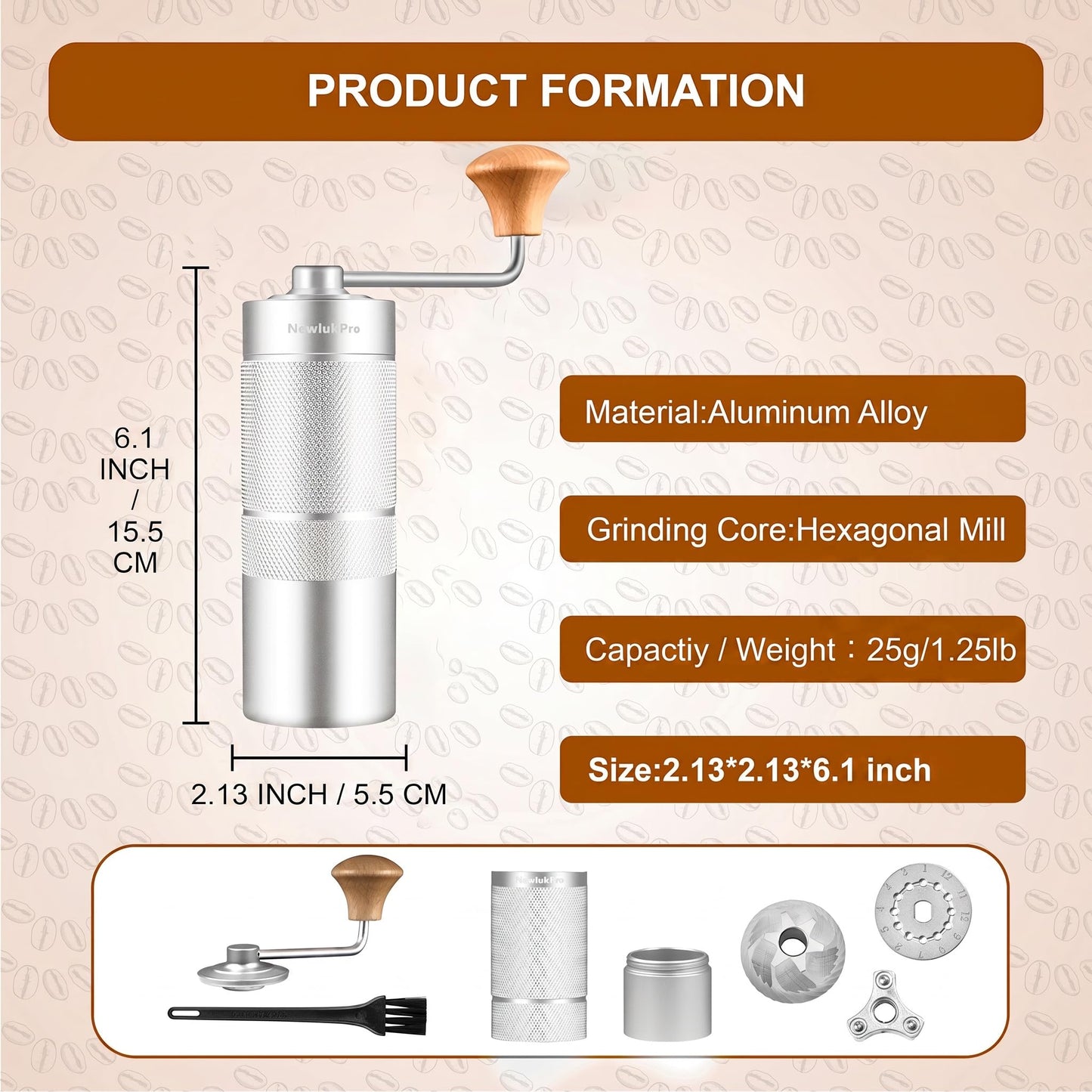 NewlukPro M6 Manual Coffee Grinder,Conical Hexagonal Burr & Double Bearings for Smooth Grinding,Designed for Espresso Pour Over French Press,25g Capacity,Compact & Portable,Gifts for Coffee Lovers