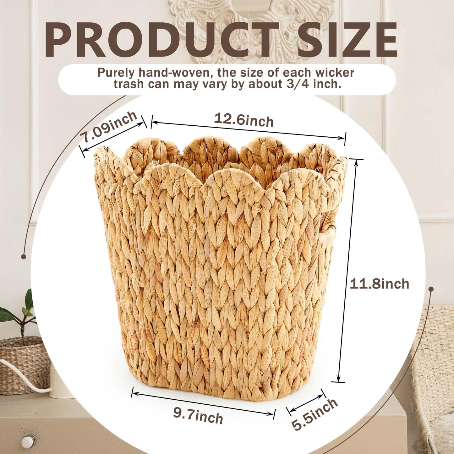 Ziliny 2 Pcs Wicker Trash Can with 50 Small Trash Bag Wicker Waste Woven Basket with Handles Clear Multi Use Garbage Bags for Bathroom Kitchen Bedroom (Calabash Vine,Scalloped Brim)