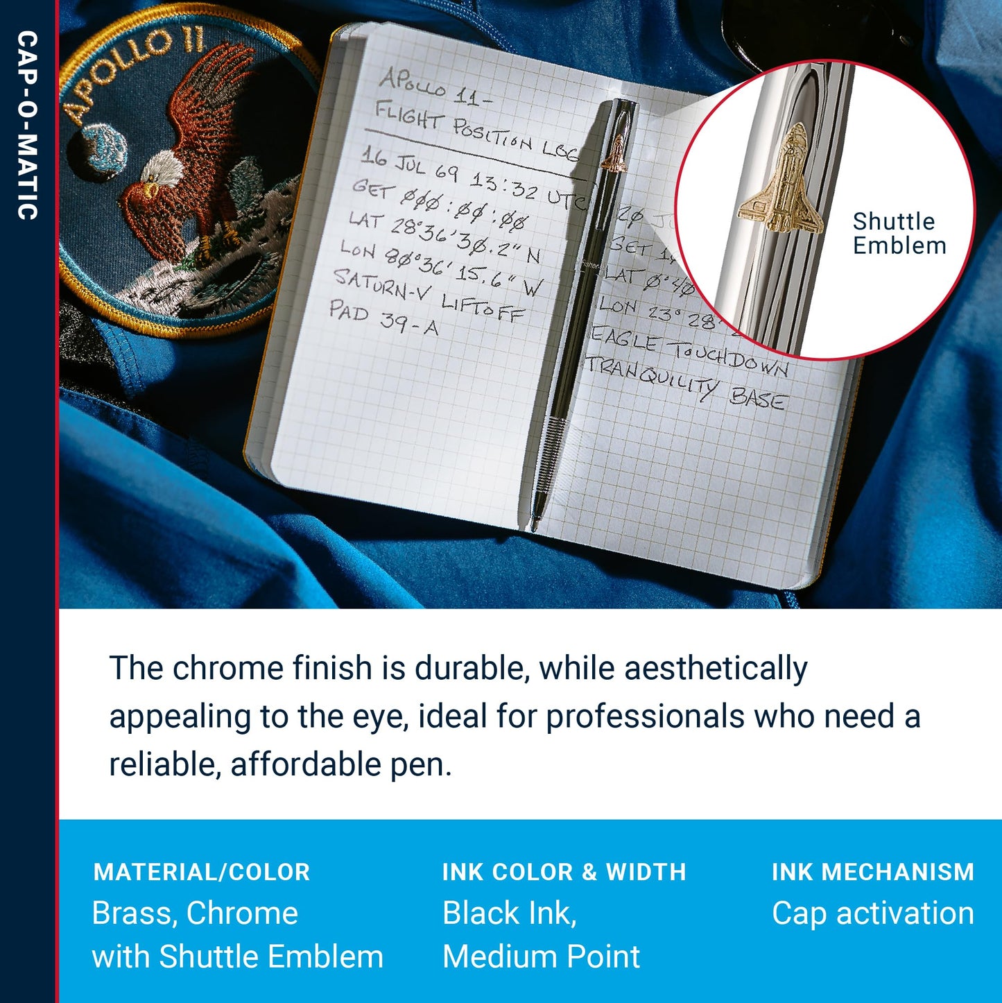 Fisher Space Pen Chrome Shuttle Cap-O-Matic Pen, Pressurized Ballpoint Pen, Writes Upside Down and in Extreme Temperatures, Black Ink, Medium Point, Pocket Clip, Gift Box, Made in the USA