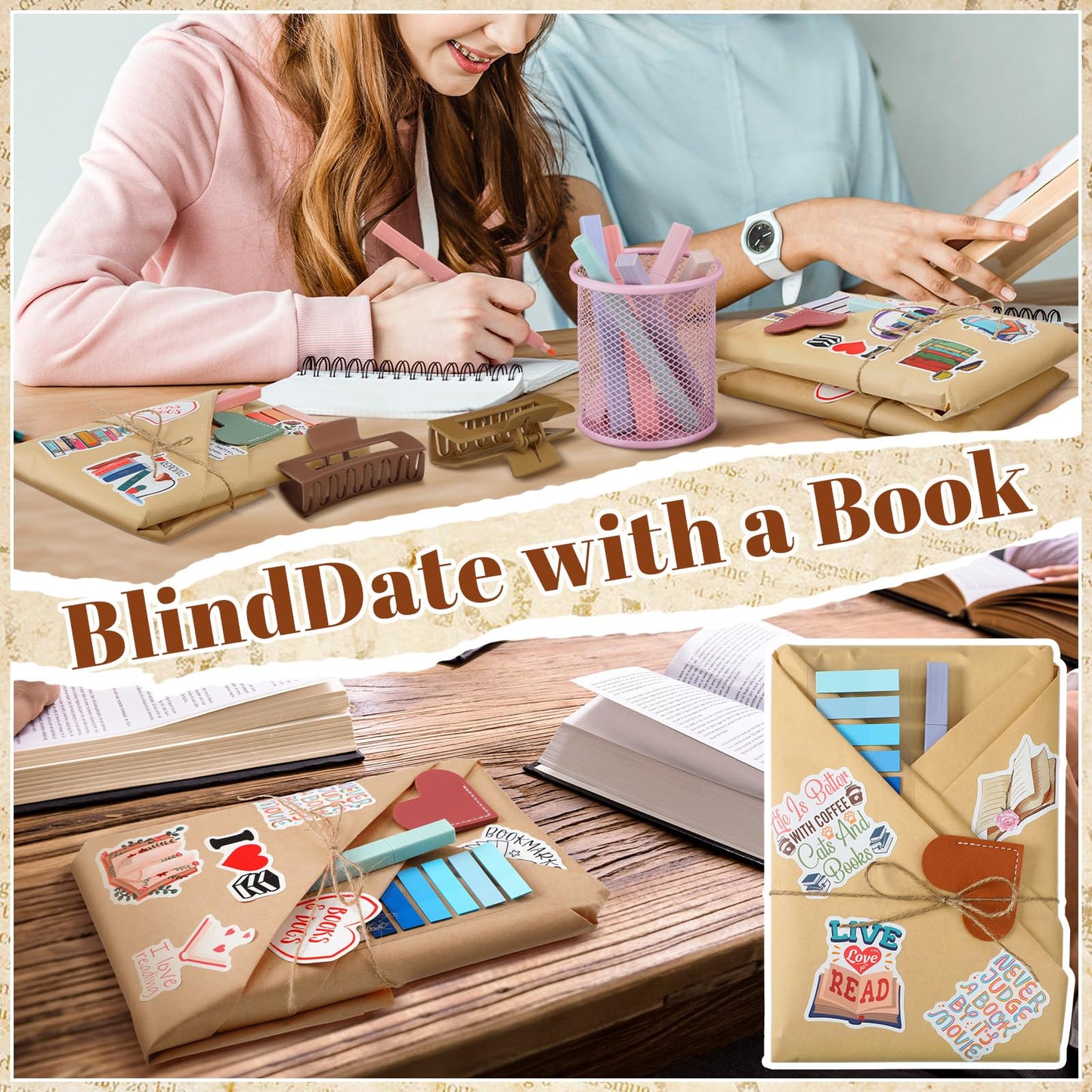Resurhang 6 Sets/92 Pcs Blind Date with a Book Gift Supplies Book Lovers Gifts Books Club Gifts Kits Including Wildflower Canvas Bags Bookmarks Stickers Bookish Librarian Readers Gift for Women Men