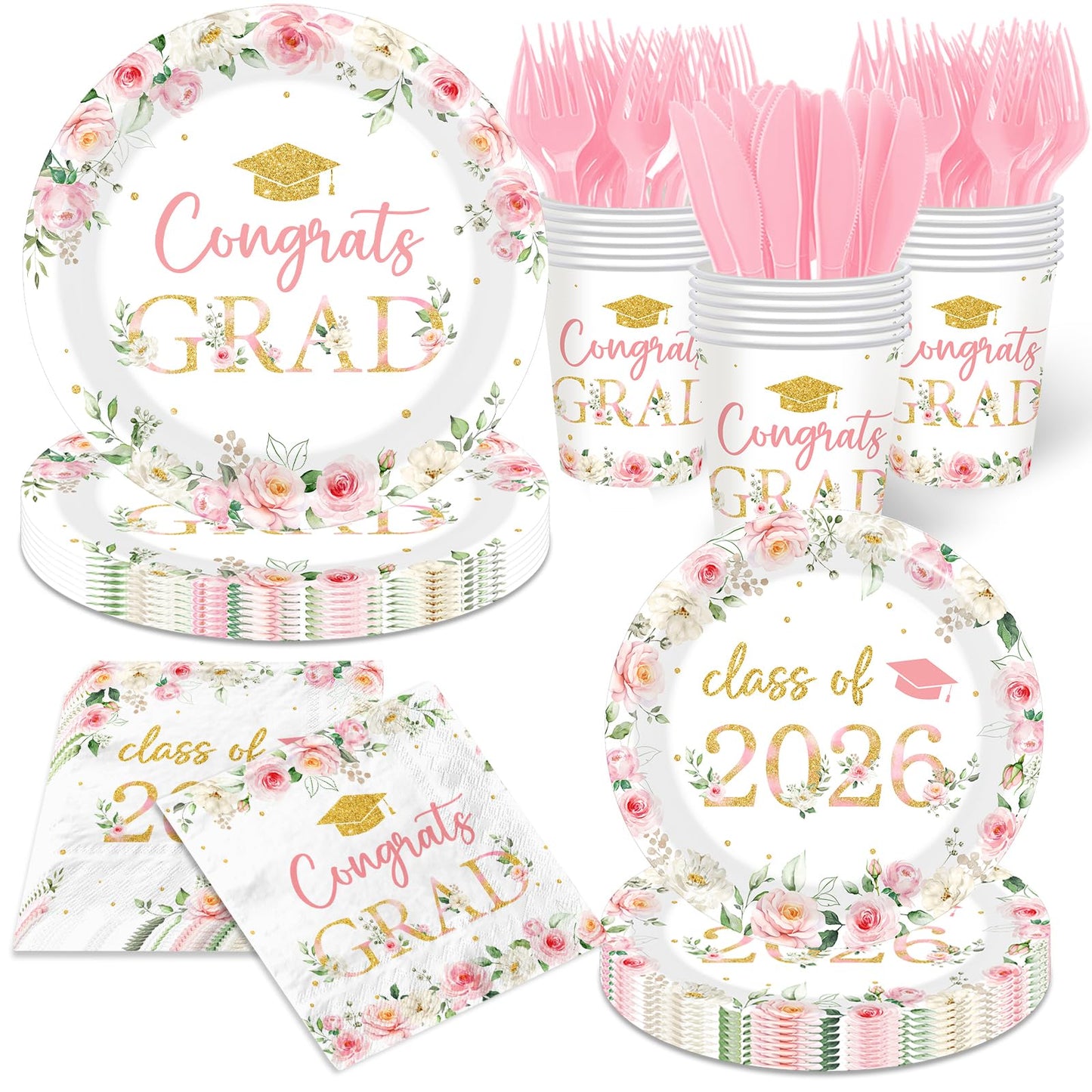 Class of 2026 Graduation Party Supplies,150Pcs Floral Congrats Grad Party Plates and Napkin Pink Gold Floral Graduation Theme Tableware for Class of 2026 Congrats Grad Party Serve 25