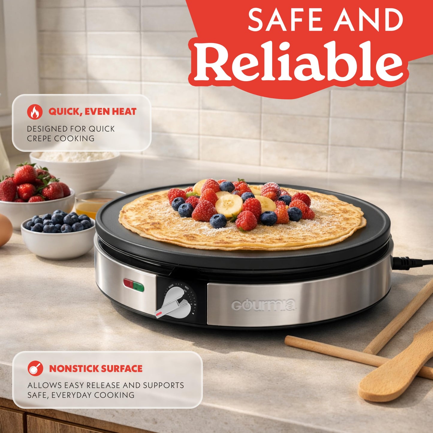 Gourmia 12” Crepe Maker – Nonstick Electric Griddle for Pancakes, Omelets & More, Precise Temp Control with Indicator Lights, Includes Spatula & Batter Spreader, Quick Cleanup, Stainless Steel Trim