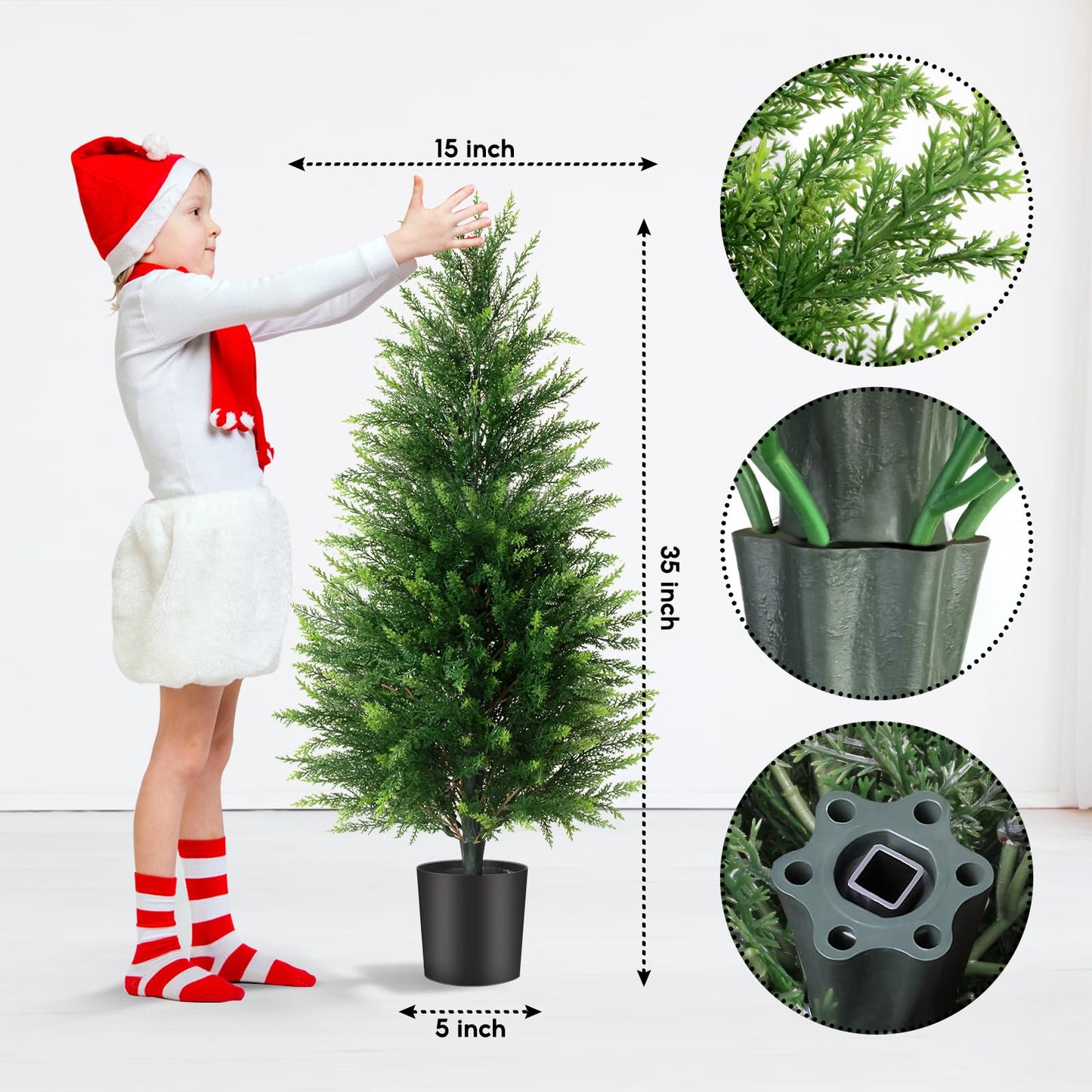 3FT Artificial Cedar Trees 2 Pack, UV Protected Fake Outdoor Evergreen Topiary Potted Plants, Lifelike Artificial Cypress Shrubs for Porch Patio Garden Home Office Decor