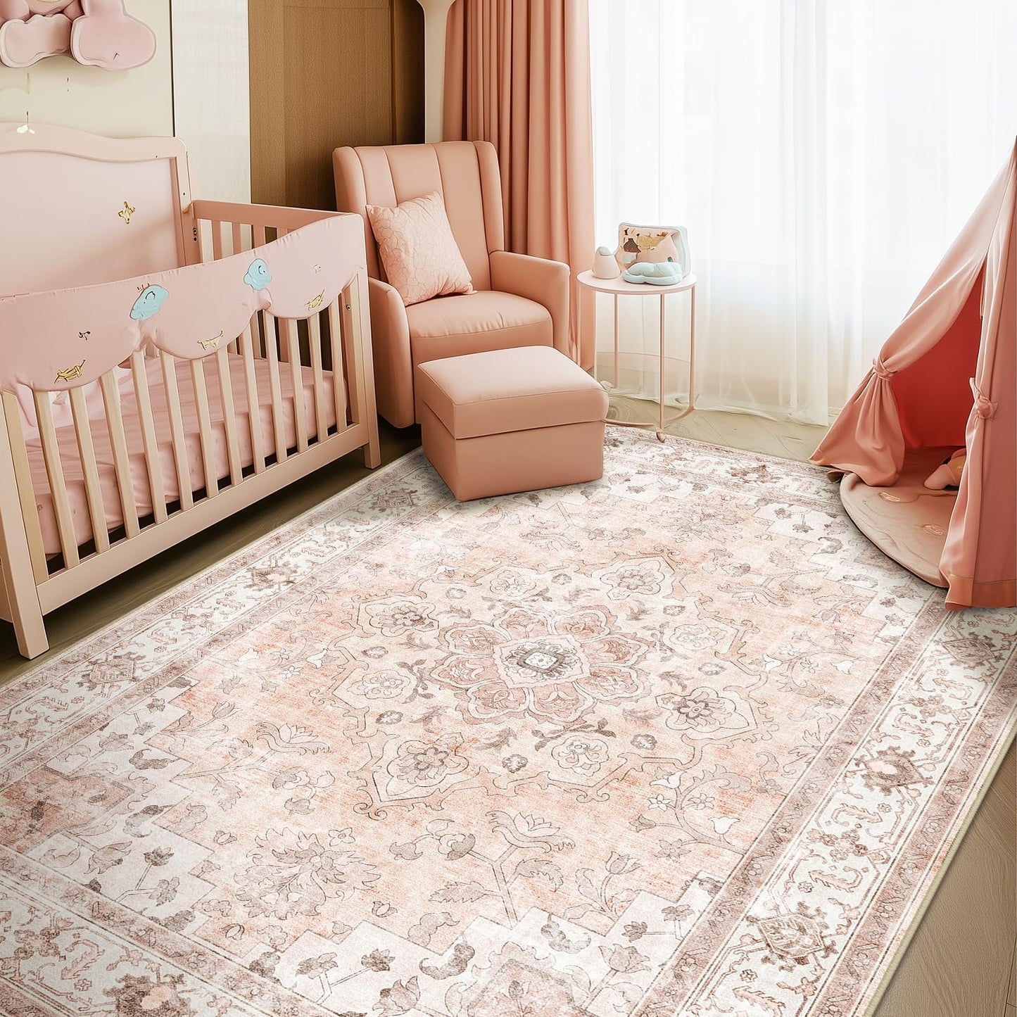 CAPALOCA Machine Washable Rugs Nursery Rug 5x7 Cute Girl Non Slip Low Pile Water Repellent Soft Print Pattern for Bedroom Indoor Decor Kids Playroom Pink