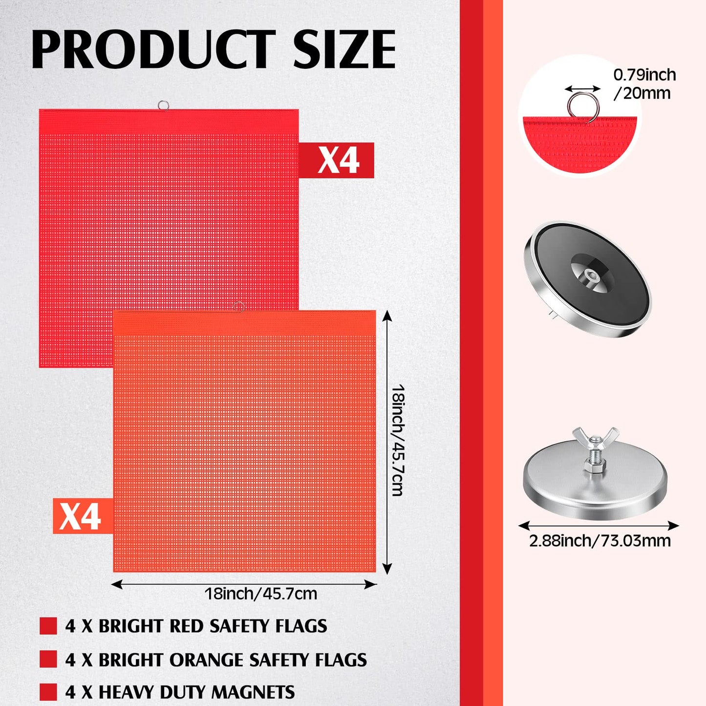 12 Pieces Safety Warning Flags and Magnets Kit Red and Orange Mesh Magnetic Wide Load Flags Bulk with Wire Loop 18 x 18 Inch for Trucks, Trailers, Pedestrian Crossings and Oversized Loads