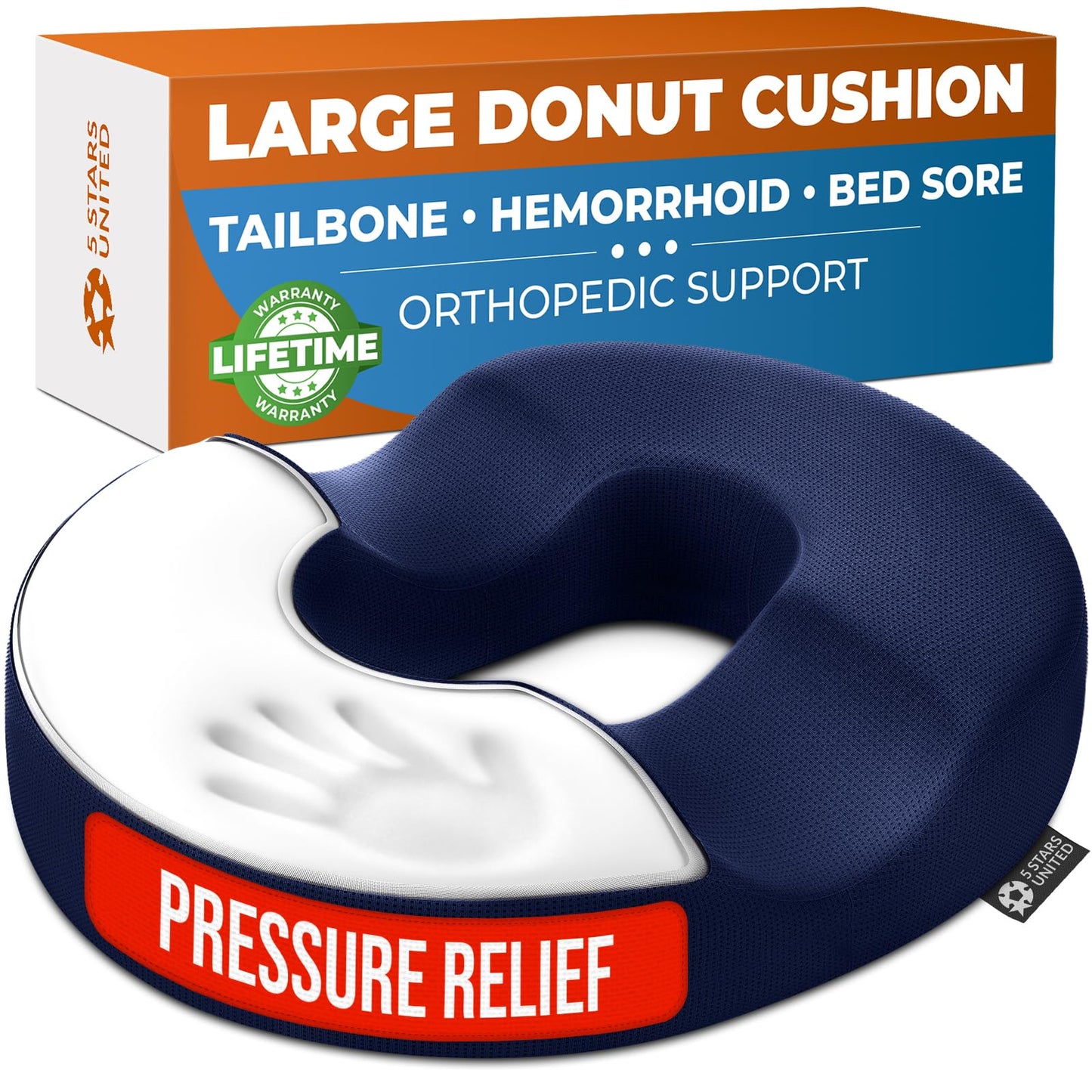 5 STARS UNITED Donut Pillow Hemorrhoid Tailbone Cushion – Large Floor Cushion for Pain Relief – Coccyx, Prostate, Sciatica, Pelvic Floor, Pressure Sores, Pregnancy, Postpartum Recovery, Blue