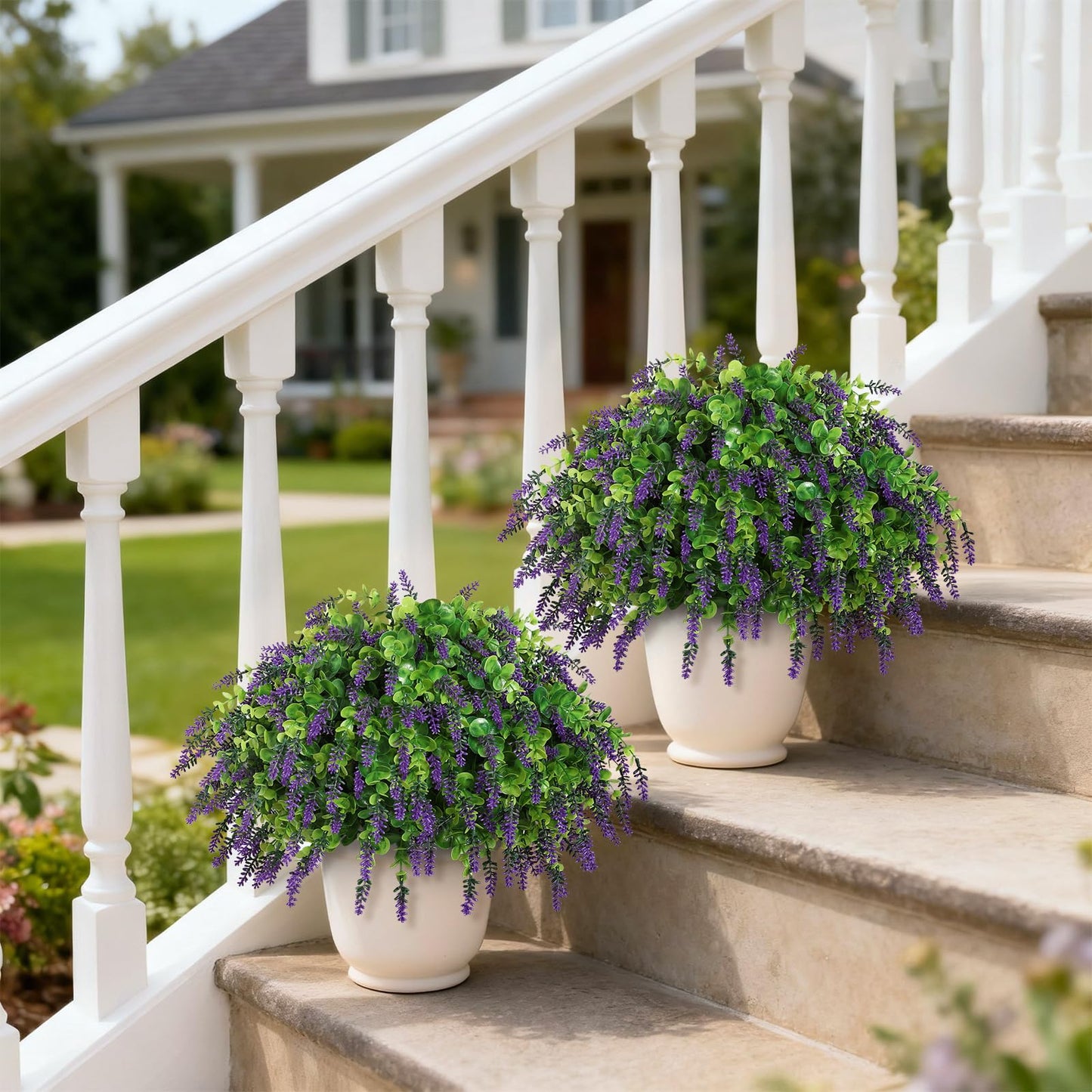 Artificial Eucalyptus & Lavender Topiary Ball Tree for Front Door - Set of 2 Topiary Trees with Pots, UV Resistant Faux Bushes Potted Plants for Porch Garden Farmhouse Outdoor Decoration