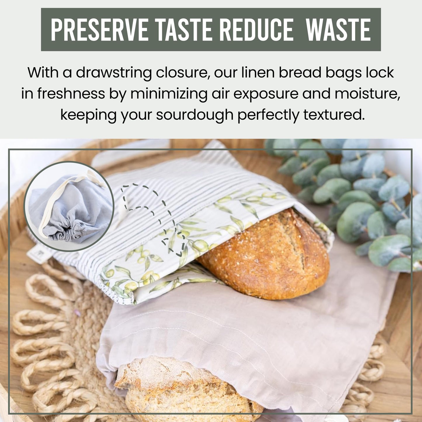 Ark & Aron Reusable Bread Bags - Pack of 2 Beeswax Bread Bags for Sourdough | Linen Bread Bag for Homemade Breads | Sourdough Loaf Bags | Cotton Food Storage Bag for Breads(Olive Leaf/Almond Branch)