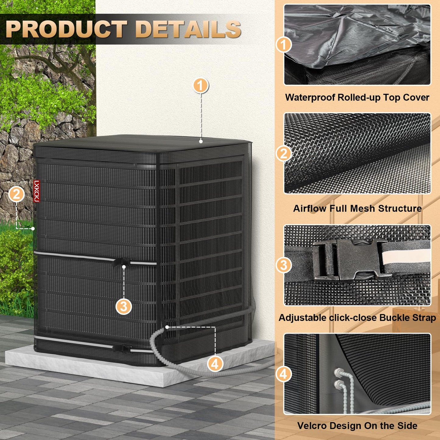 LXKCKJ Full Mesh Top Air Conditioner Cover for Outside Units- 2 in 1 Central Air conditioner Cover with 420D Waterproof Fabric and Textilene, Outdoor AC Covers Defender (Black-36x36x40)