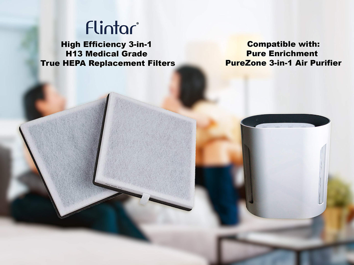 Flintar Replacement Filter, Compatible with Pure Enrichment PureZone Air Purifier PEAIRPLG, High Efficiency H13 grade 3-in-1 Filter, Part number PEAIRFIL, 2-Pack