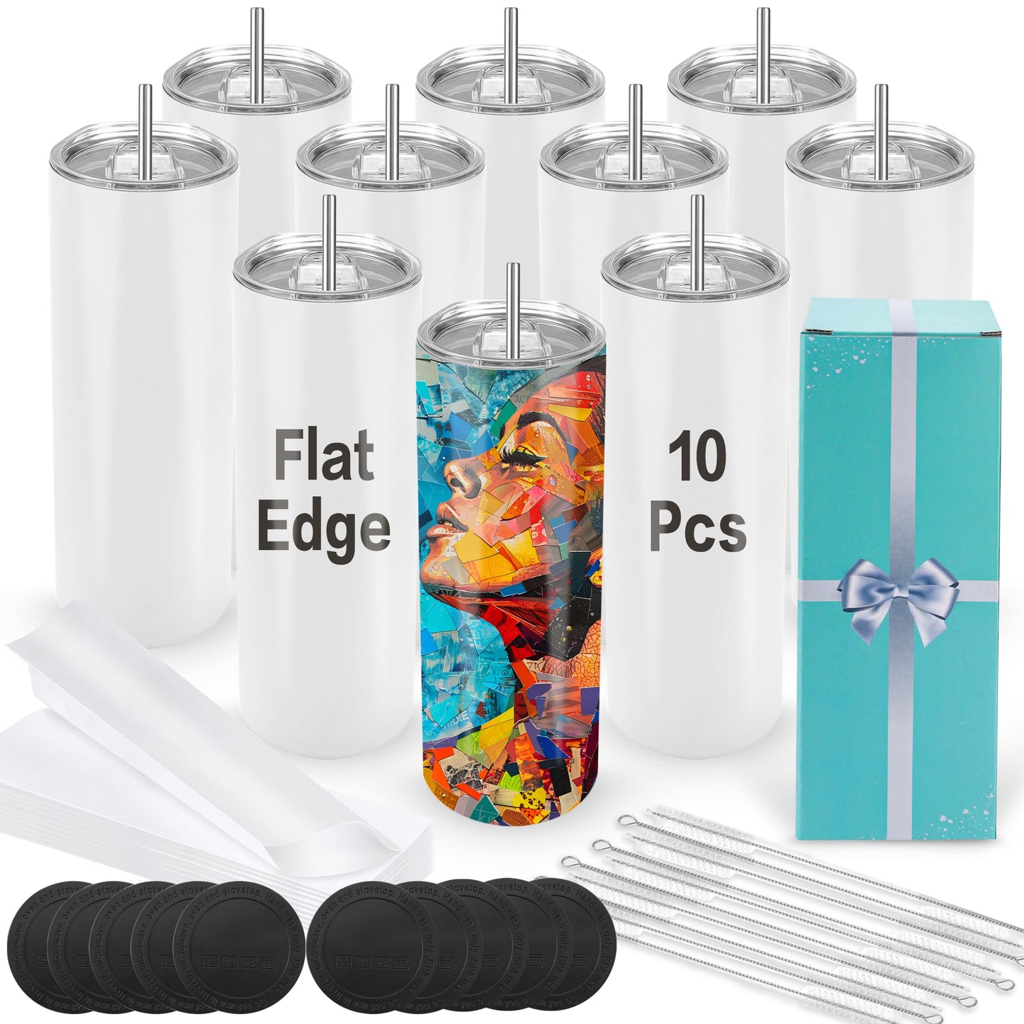 Joyclub Sublimation Tumblers 20 oz 10 Pack Flat Bottom Sublimation Blanks Bulk Stainless Steel Insulated Skinny Straight Cups with Lid and Straw, Gift Box
