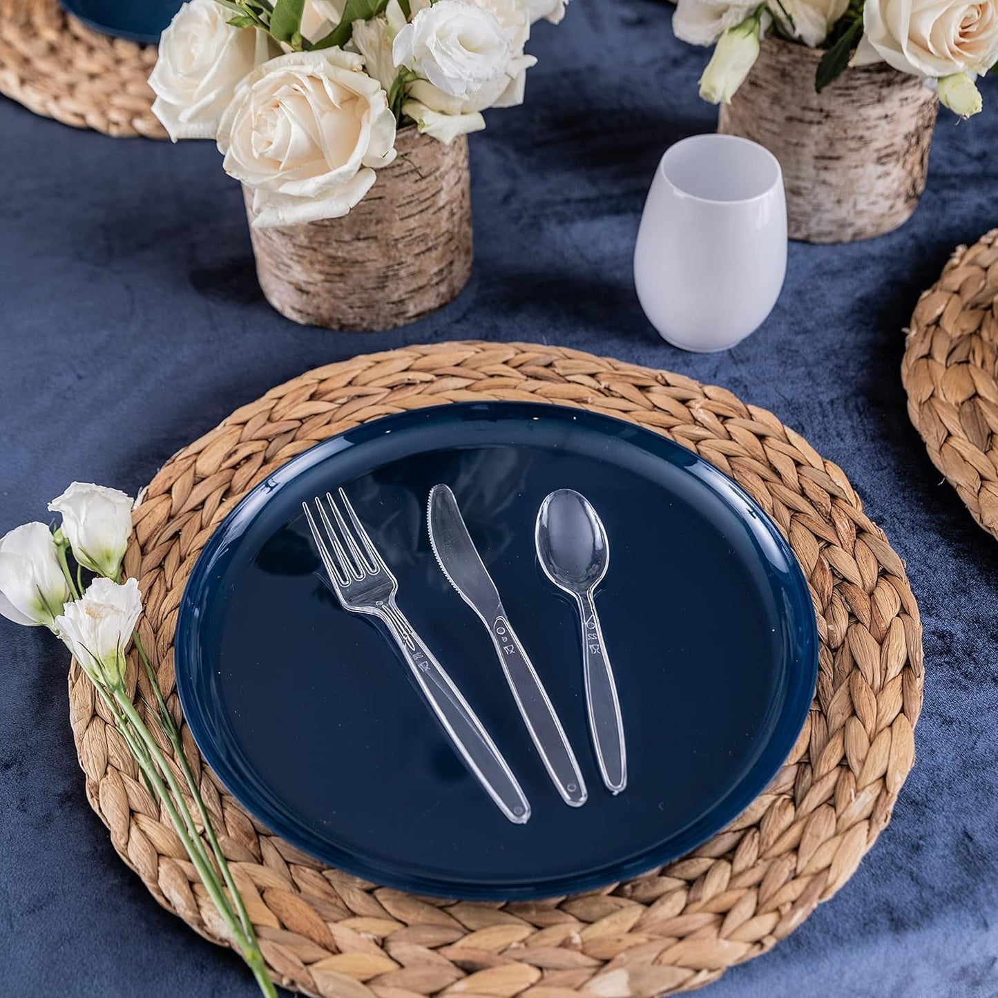 PARTY BARGAINS Disposable Cutlery Set 720-Piece – Sapphire Settings Clear Plastic Forks Spoons Knives – Heavy-Duty Utensils for Parties Catering Weddings & Events – BPA Free