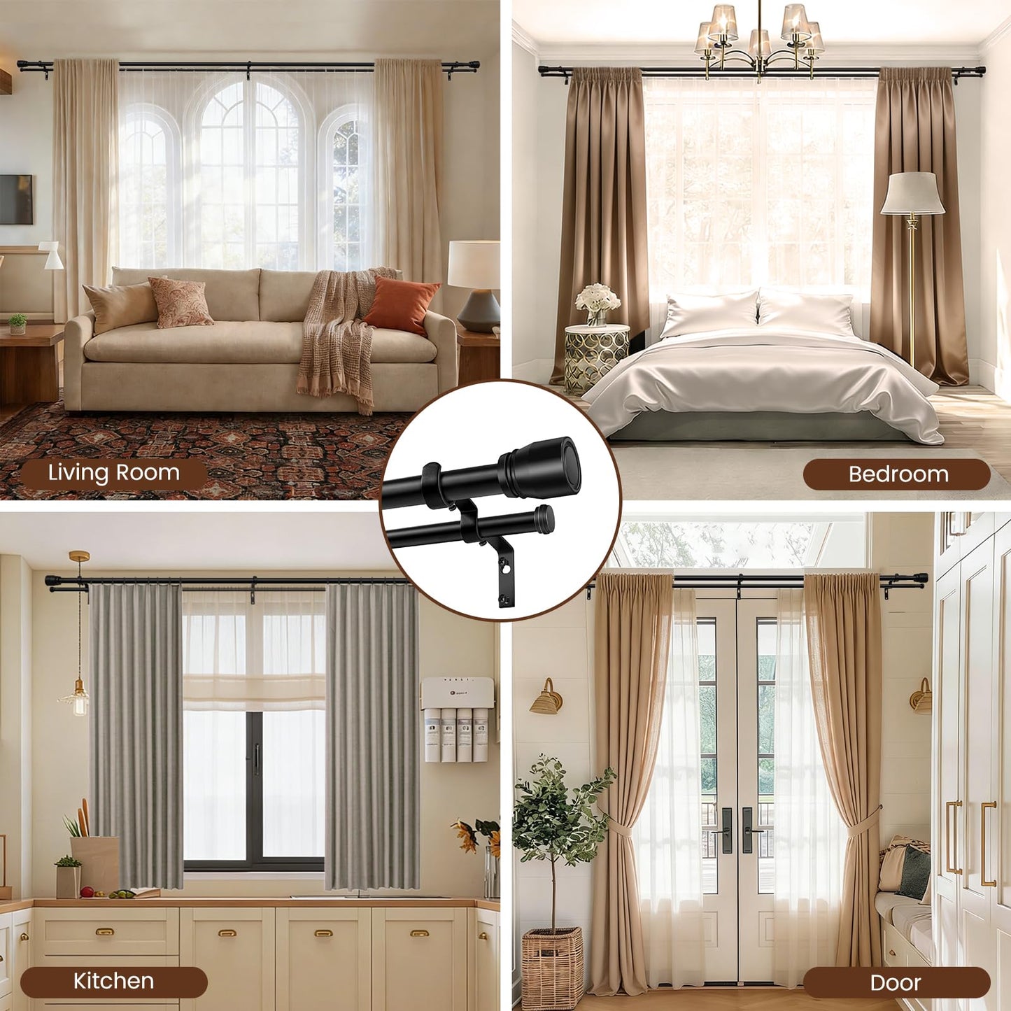 Heavy Duty Double Curtain Rod 84-120 Inch Length, 1 Inch Adjustable Matte Black Double Curtain Rod with Brackets, Long Double Curtain Rod for Windows Sliding Door (Black, 32-120", 1 PCS)