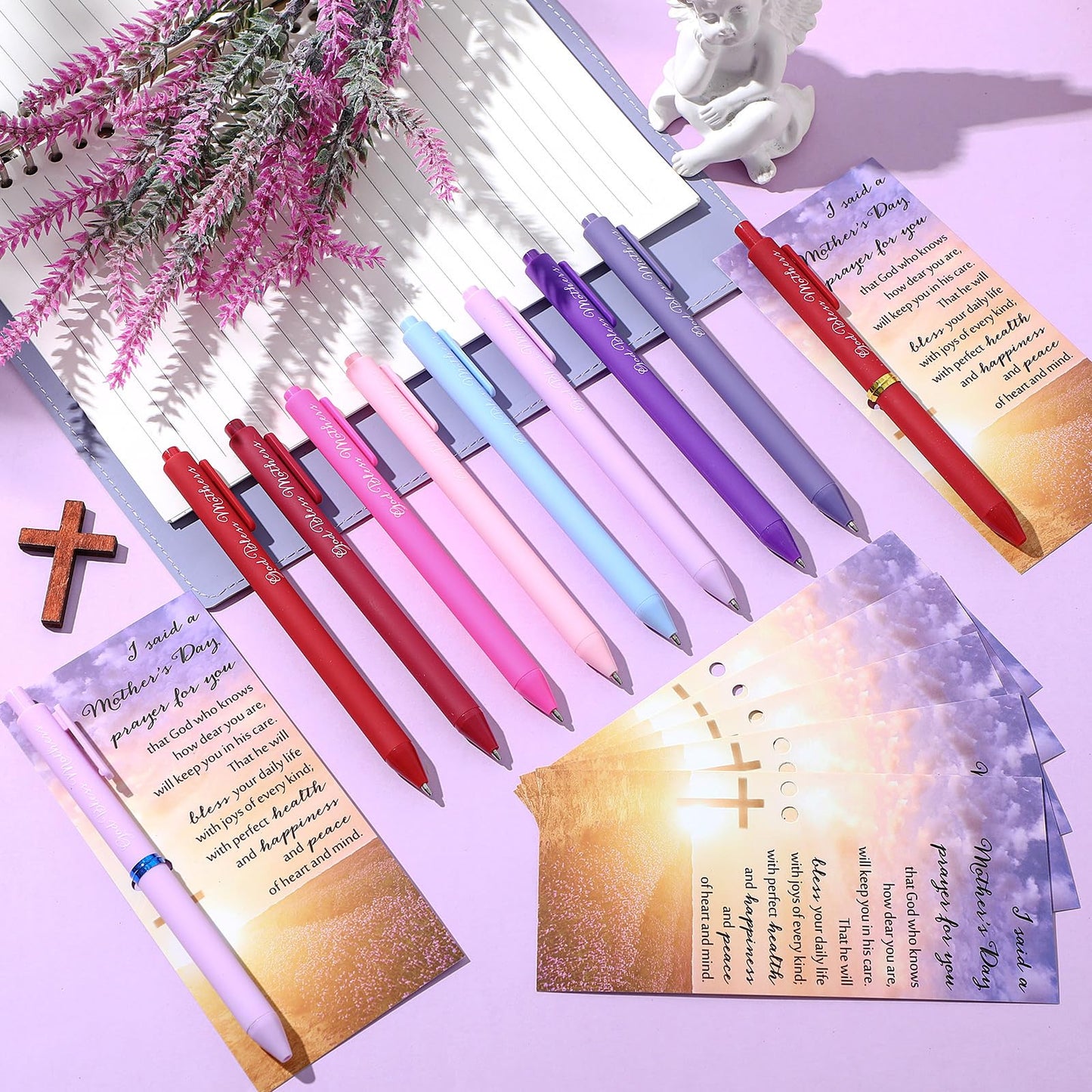 Eersida 100 Sets Mothers Day Gifts for Church Bulk God Bless Mothers Day Pens 8 Colors Christian Pens Bible Verse Ballpoint Religious Gift Cards Christian Cards with Ties for Church Birthday