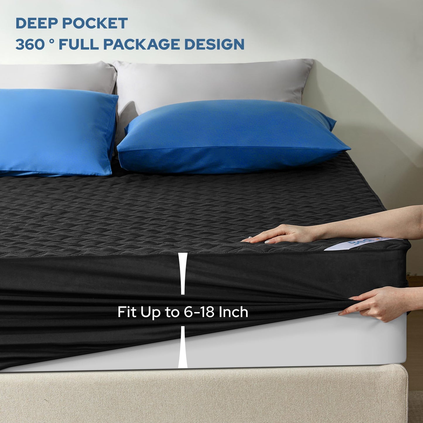 BEDLORE Waterproof Mattress Protector, Noiseless Queen Size Mattress Pad with Deep Pocket Fitted Up to 6-18 inches, Soft Breathable Dirt-Proof Bed Mattress Cover Washable Bedroom, Hotel (Black)