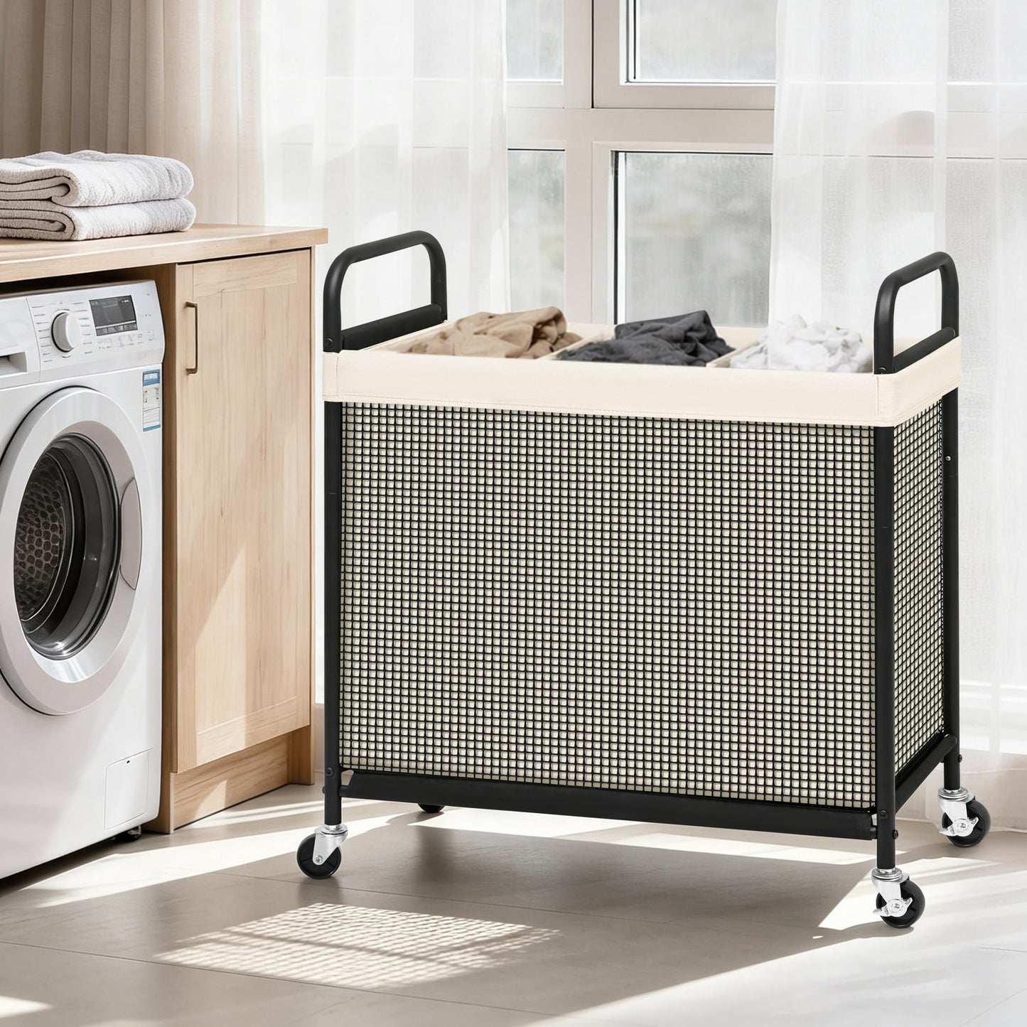 STORAGE MANIAC Rolling Laundry Hamper with Wheels 3-Section Laundry Sorter Rolling Laundrys Basket on Wheels with Removable Bag Clothes Hamper Laundrys Organizer Cart Bathroom Bedroom 120L Beige