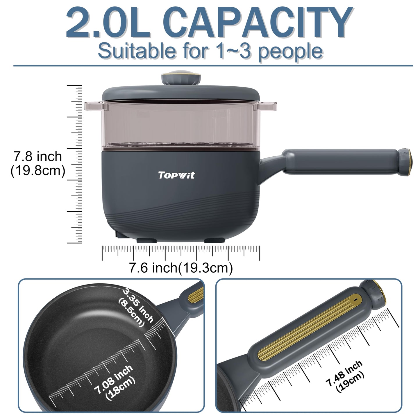 TOPWIT Hot Pot Electric with Steamer, 2L Multifunctional Electric Cooker, Non-Stick Sauté Pan, Portable Pot for Steak, Fried Rice, Ramen, Soup with Dual Power Control (Spatula Not Included), Grey