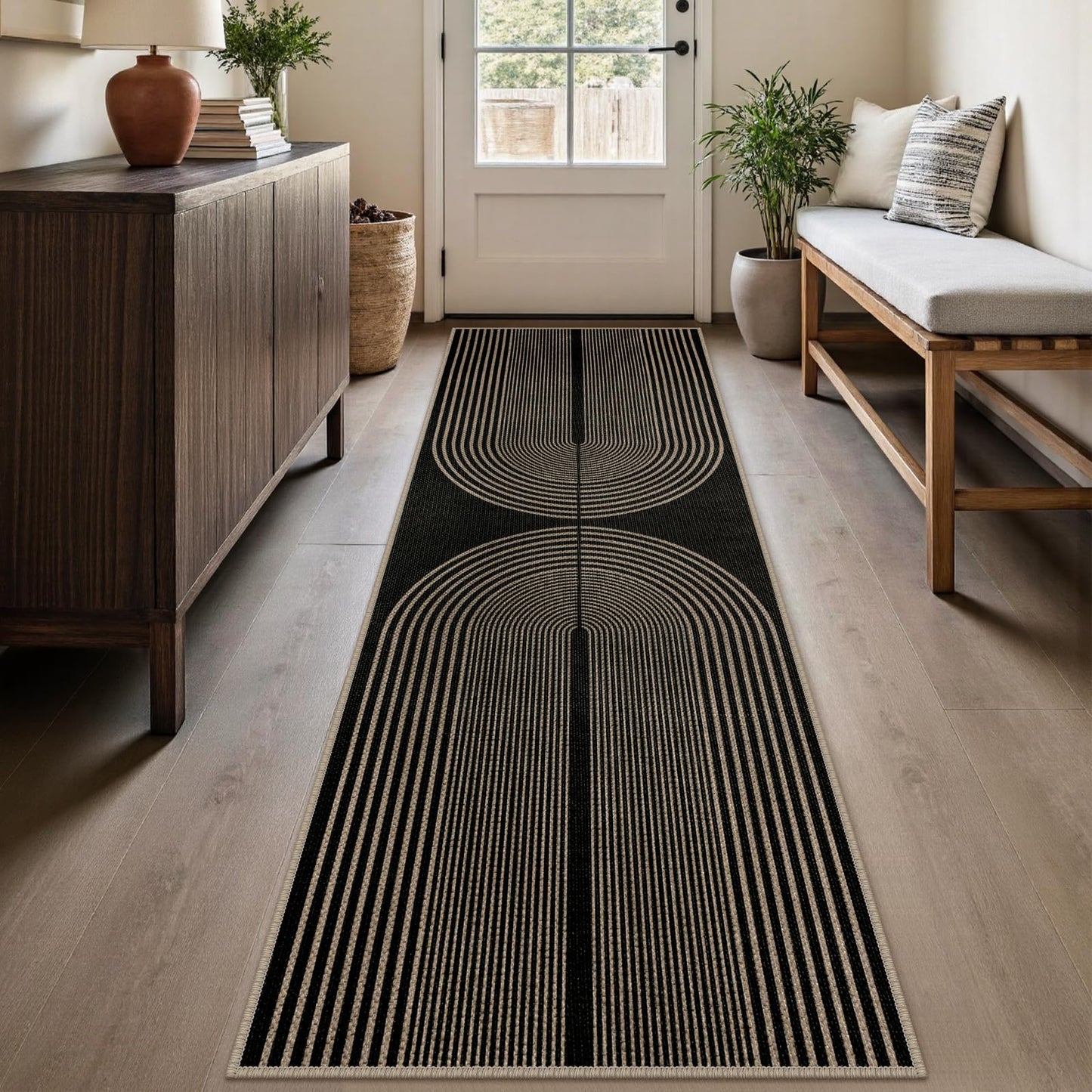 Rugalia Easy Jute Rainbow Runner Rug, 2.6x8 Black Washable Rugs Runner for Hallway Non-Slip Boho Farmhouse Kitchen Runner Rug, Modern Abstract Indoor Outdoor Carpet for Porch Laundry Entryway