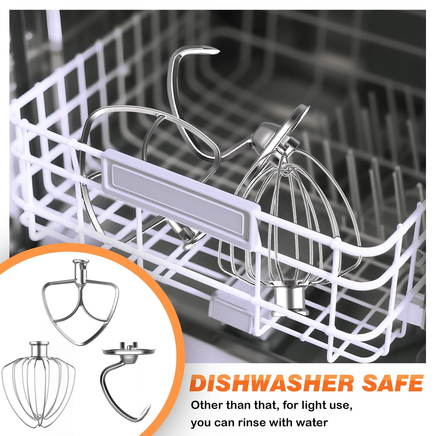 3 Pack Stainless Steel Mixer Attachments Set for KitchenAid 4.5-5 Quart Tilt-Head Stand Mixers, Replacement Parts Kit with K45DH Dough Hook, K45B Coated Flat Beater, K45WW Wire Whip, Dishwasher Safe