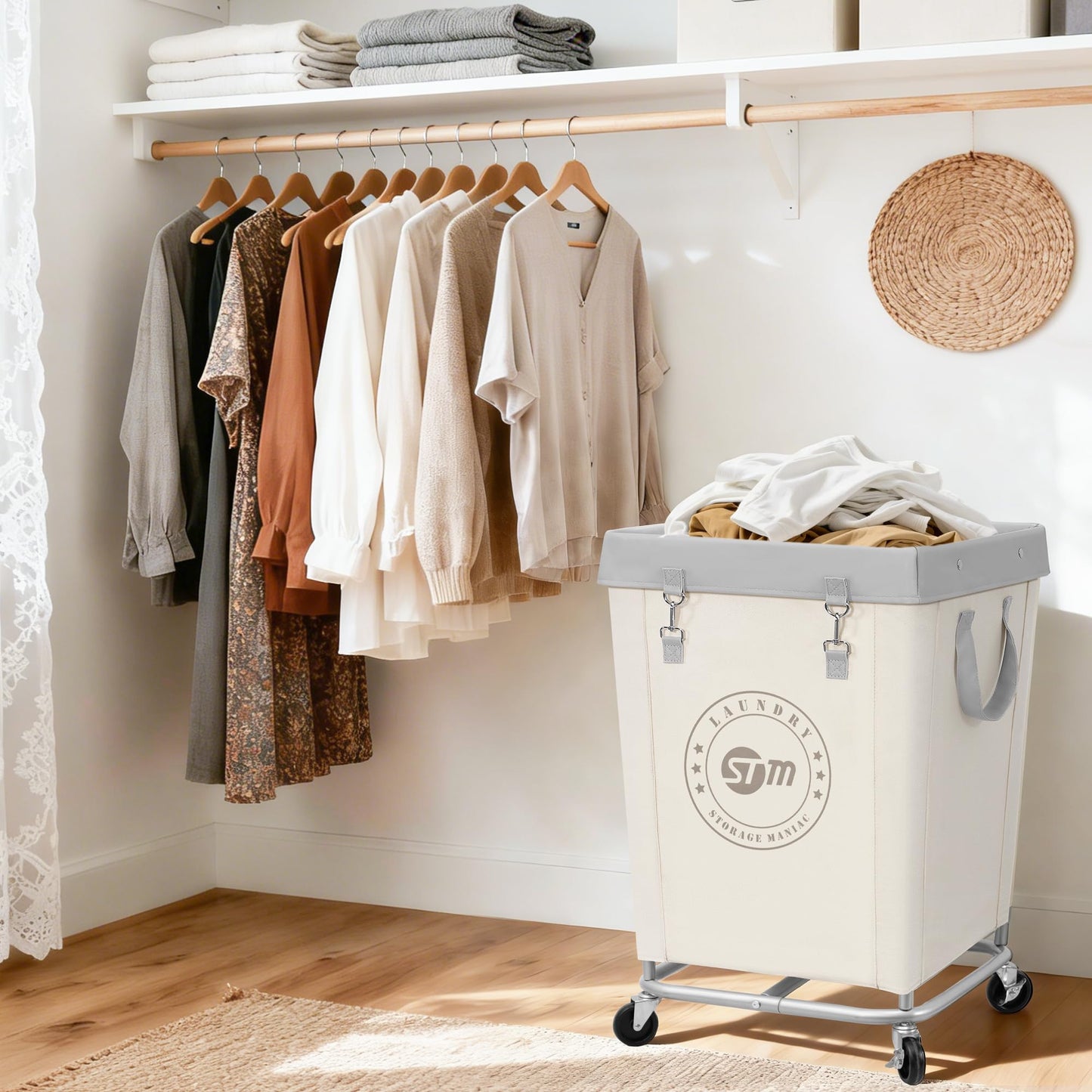 STORAGE MANIAC Commercial Laundry Hamper with Heavy Duty Steel Frame, 160 L Industrial Laundry Basket Cart with Wheels for Hotel, Home, Laundry Room, 18''L x 18''W x 31''H, Medium Beige
