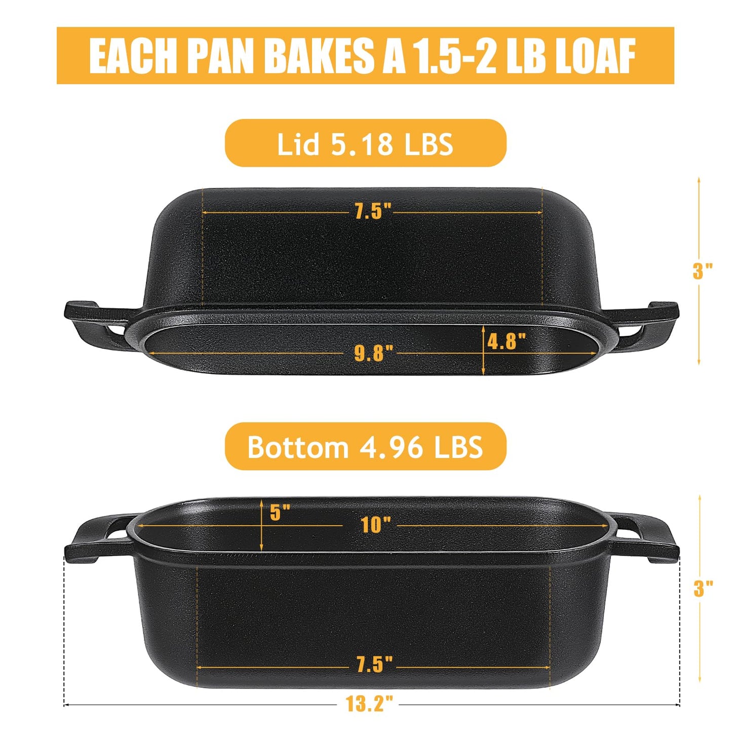 COWORM 10x5 Cast Iron Loaf Pan with Lid - 2 in 1 Bread Pans for Baking Homemade Sourdough Bread