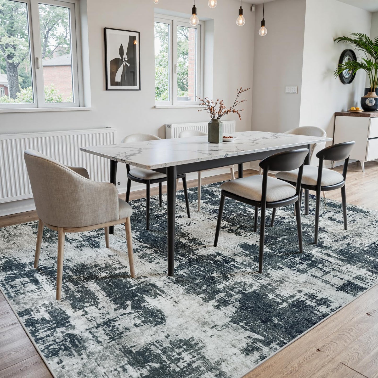 5x7 Area Rugs for Living Room Washable: Abstract Soft Thin Low Pile Black Rug, Indoor Floor Non Slip Stain Resistant Modern Carpet for Bedroom Nursery Farmhouse Dining Room Home Office (Black, 5'x7')