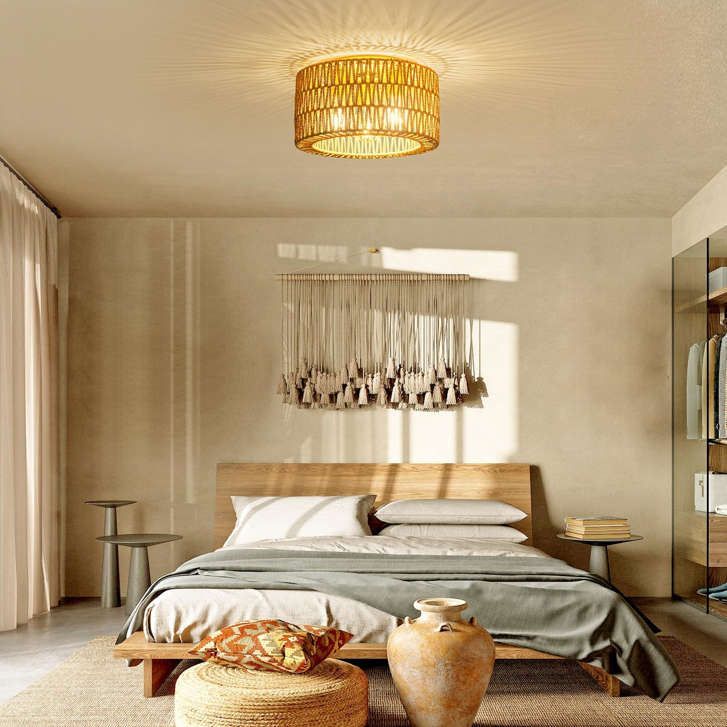 Rattan Ceiling Light Fixture, 3 Light Bohemian Modern Woven Ceiling Light, Boho Flush Mount Ceiling Light for Bedroom Living Room Dining Room, Bulb NOT Included
