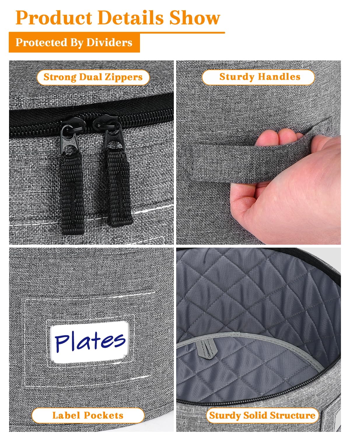 punemi China Storage Containers, Dish Storage w/Hard Shell Top Side Bottom Support & Felt Dividers for Charger Plates Dinnerware, Perfect for Moving Supplies, 4 set Stackable Fine China Storage, Gray