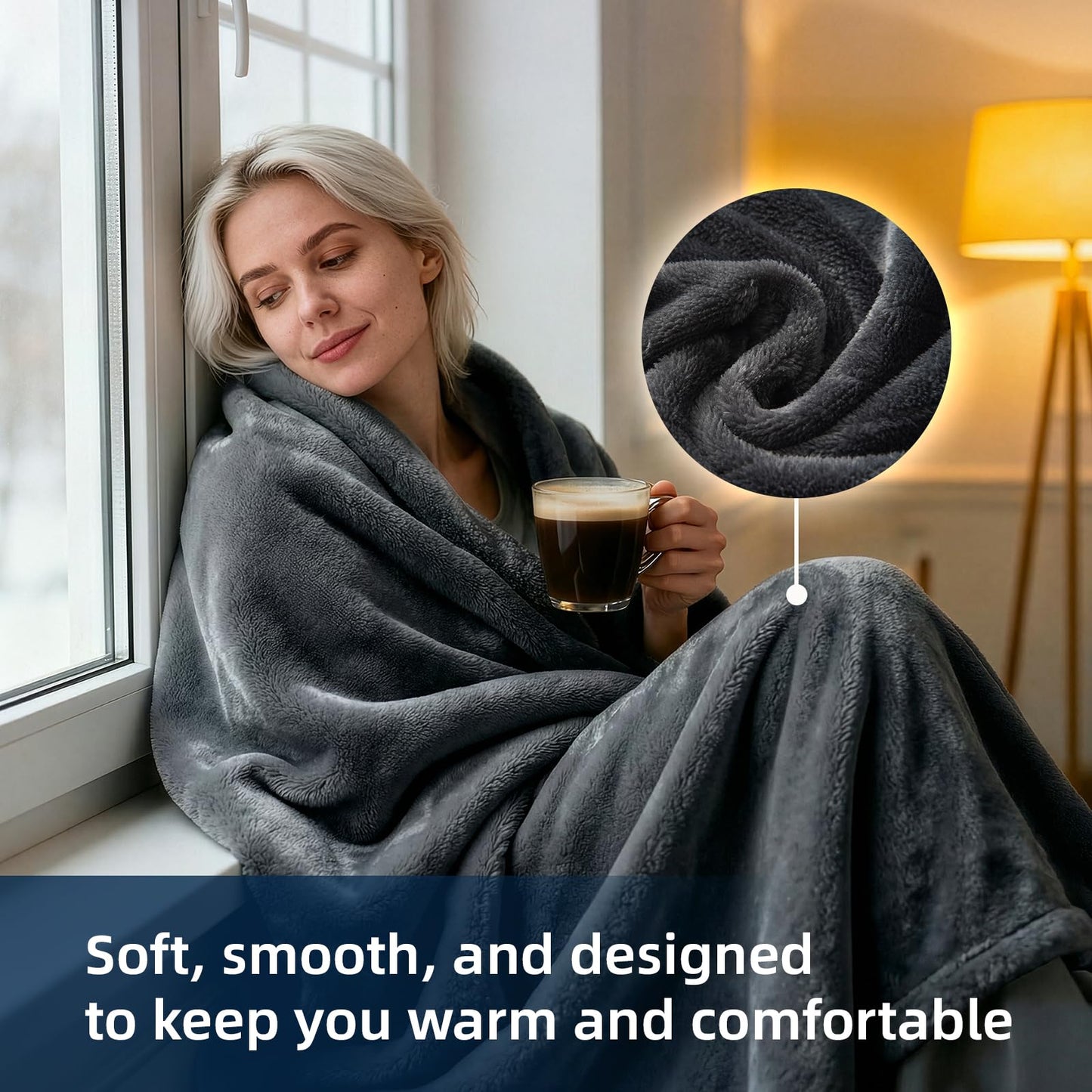 Westinghouse Heated Blanket Throw, Electric Throw with 6 Heating Levels, 2-10 Hours Time Settings, Overheat Protection, Machine Washable, Flannel (Throw, 50x60 Inches, Charcoal)